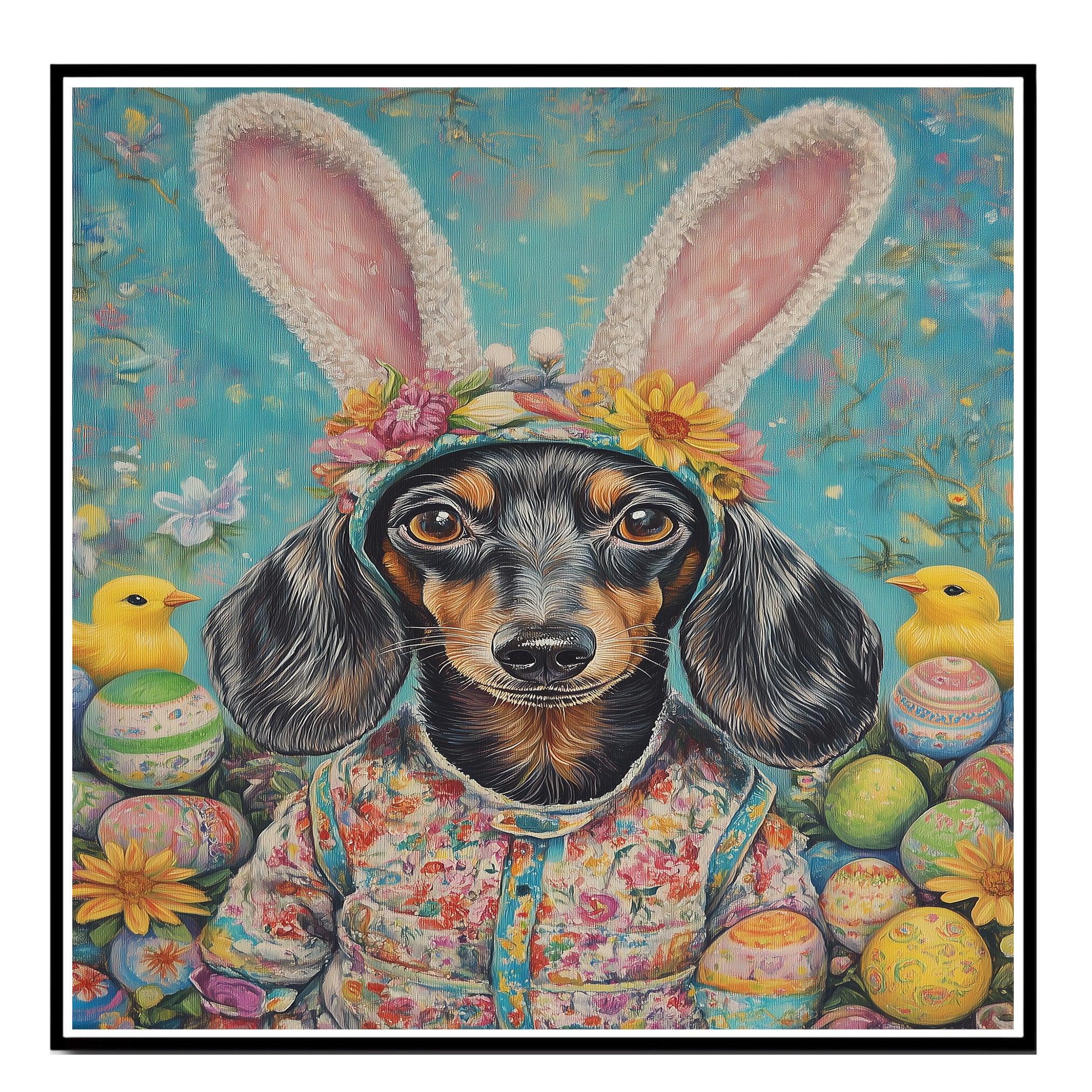 Dachshund in Easter Apparel, Cute Pet Portrait for Spring Home Decor, Holiday Gifts for Dog Lovers, Dog Wall Art on Canvas Wrap, Framed Print, or Rolled Artwork