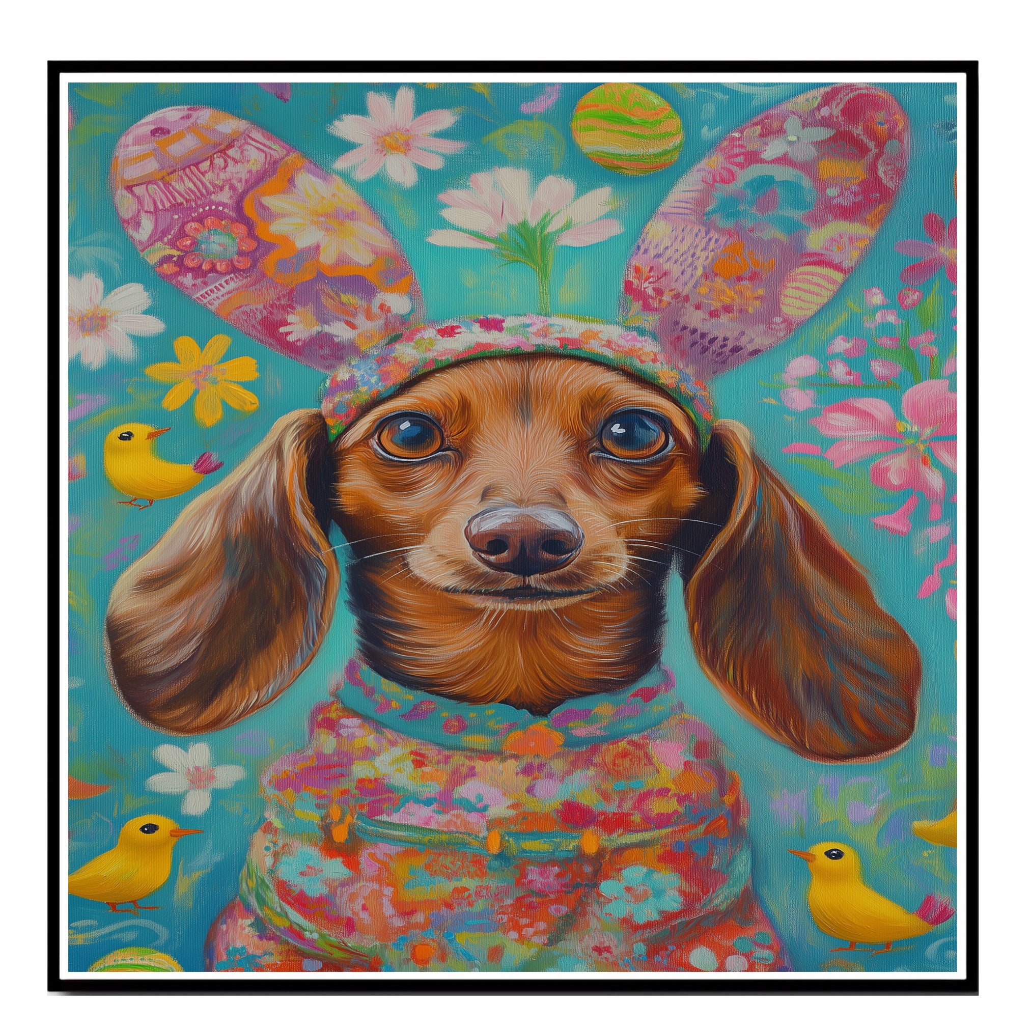Dachshund in Festive Easter Attire, Cute Pet Portrait for Spring Home Decor, Holiday Gifts for Dog Lovers, Dog Wall Art on Canvas Wrap, Framed Print, or Rolled Artwork