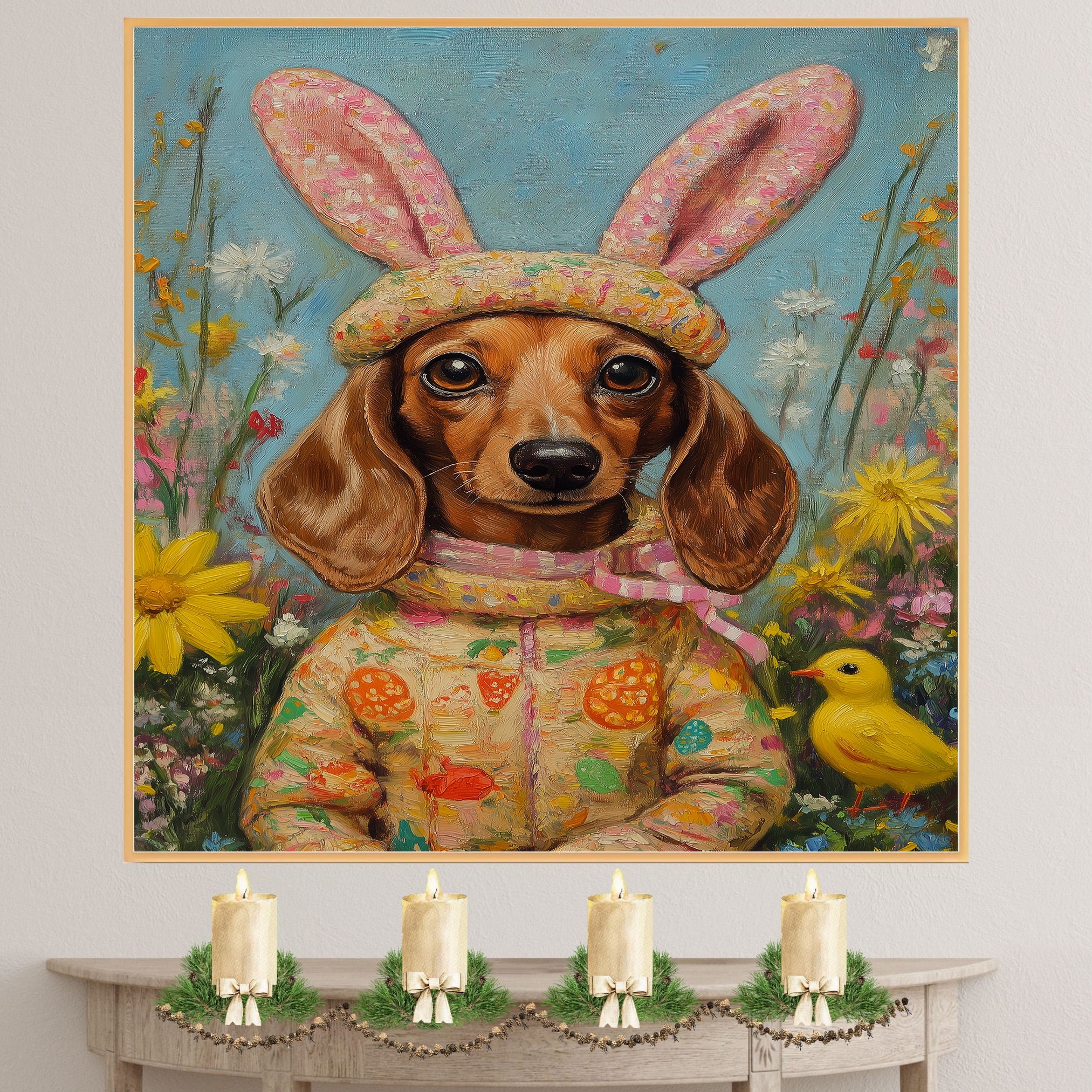 Easter Dachshund Art, Cute Pet Portrait for Spring Home Decor, Holiday Gifts for Dog Lovers, Dog Wall Art on Canvas Wrap, Framed Print, or Rolled Artwork