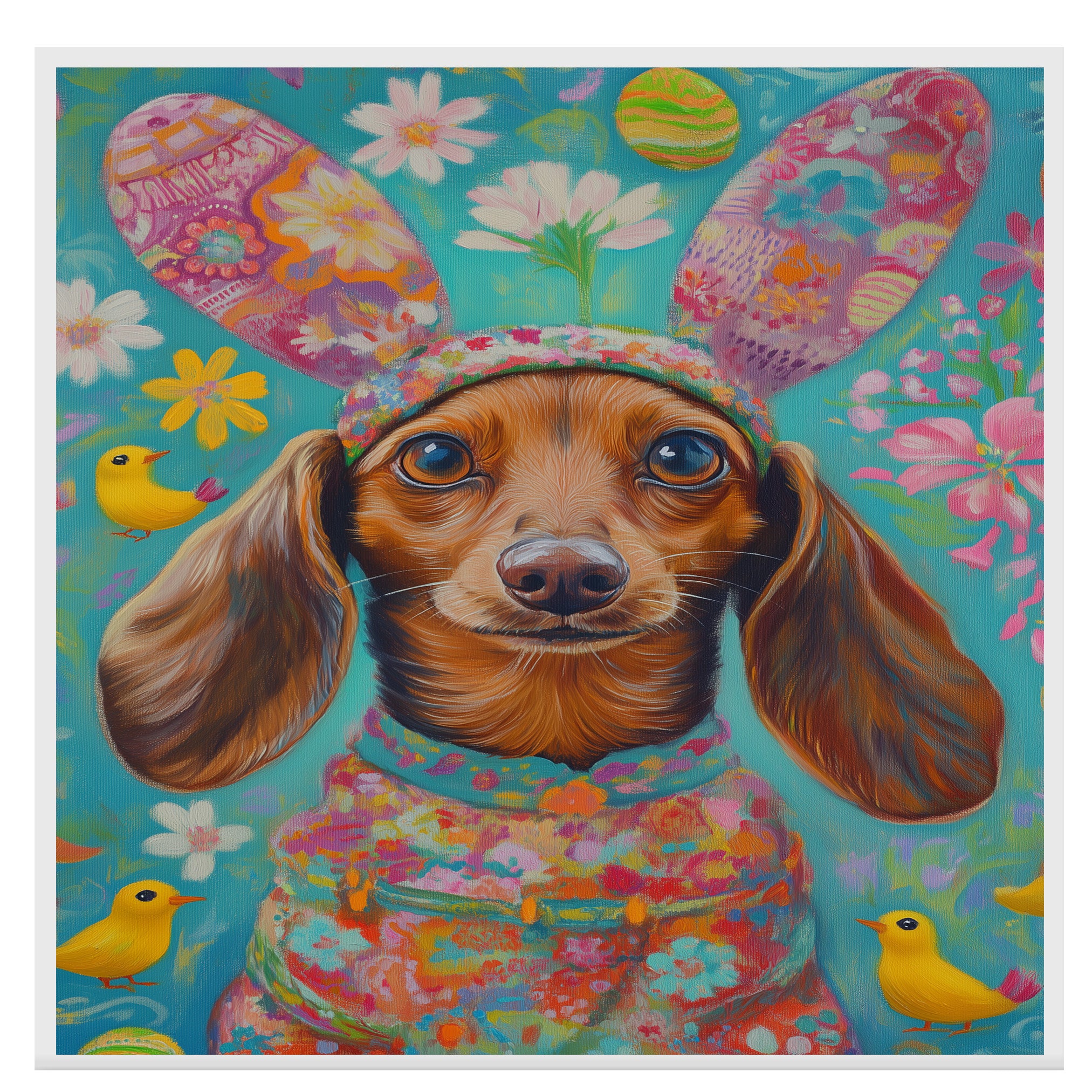 Dachshund in Festive Easter Attire, Cute Pet Portrait for Spring Home Decor, Holiday Gifts for Dog Lovers, Dog Wall Art on Canvas Wrap, Framed Print, or Rolled Artwork