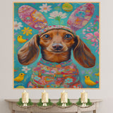 Dachshund in Festive Easter Attire, Cute Pet Portrait for Spring Home Decor, Holiday Gifts for Dog Lovers, Dog Wall Art on Canvas Wrap, Framed Print, or Rolled Artwork