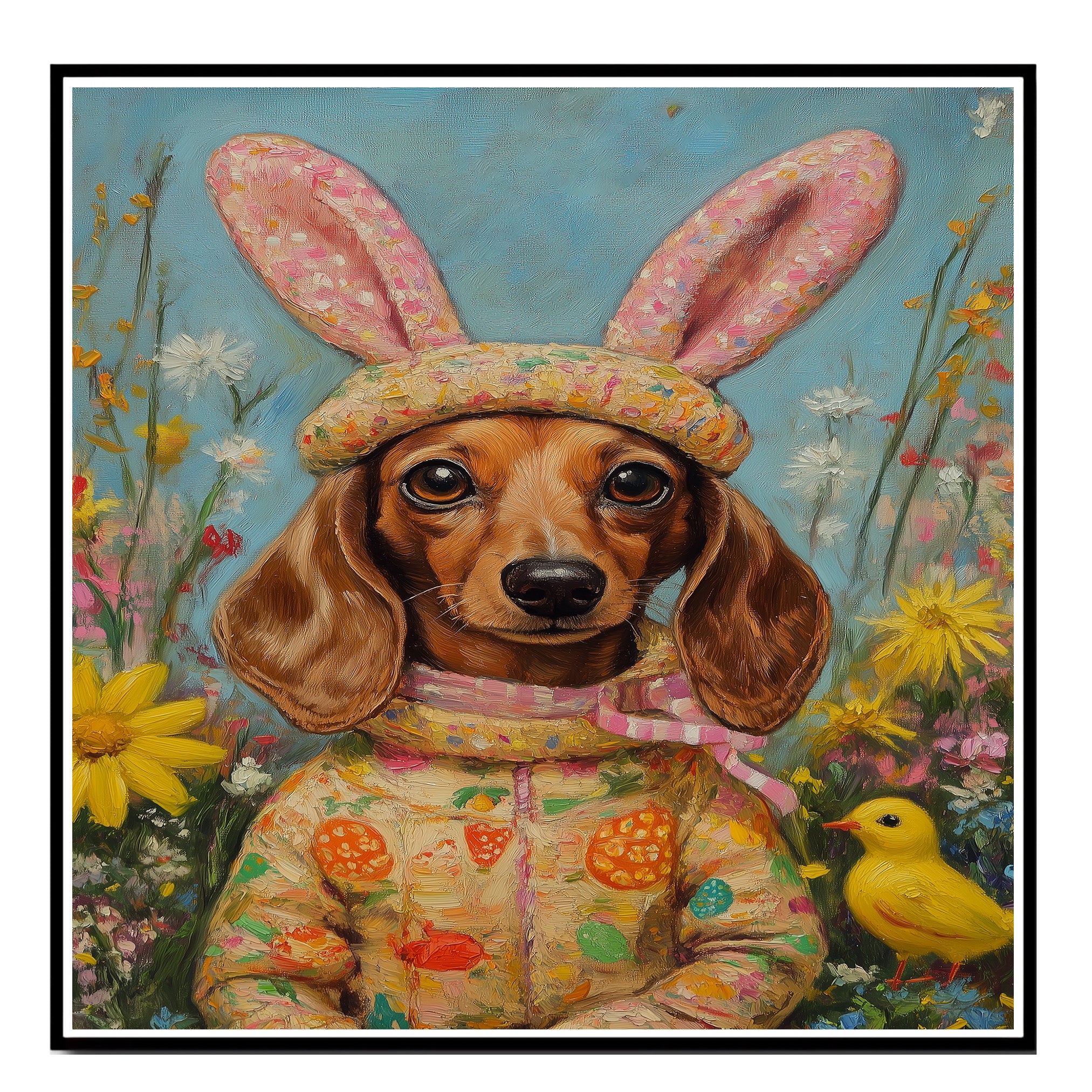 Easter Dachshund Art, Cute Pet Portrait for Spring Home Decor, Holiday Gifts for Dog Lovers, Dog Wall Art on Canvas Wrap, Framed Print, or Rolled Artwork