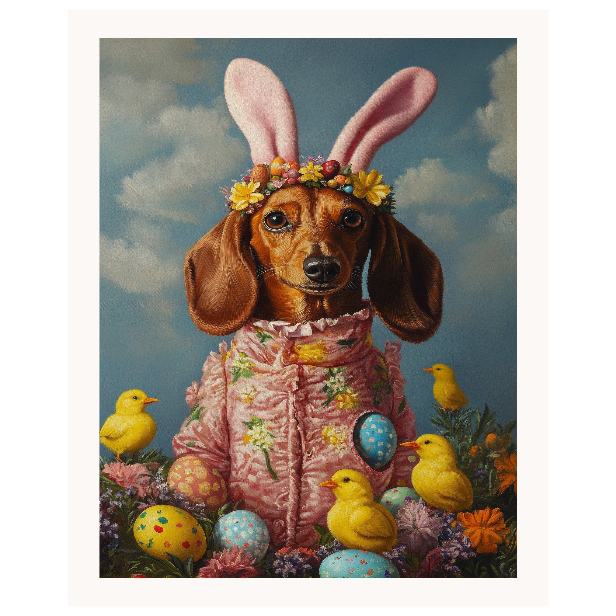 Dachshund in Easter Outfit, Cute Pet Portrait for Spring Home Decor, Holiday Gifts for Dog Lovers, Dog Wall Art on Canvas Wrap, Framed Print, or Rolled Artwork