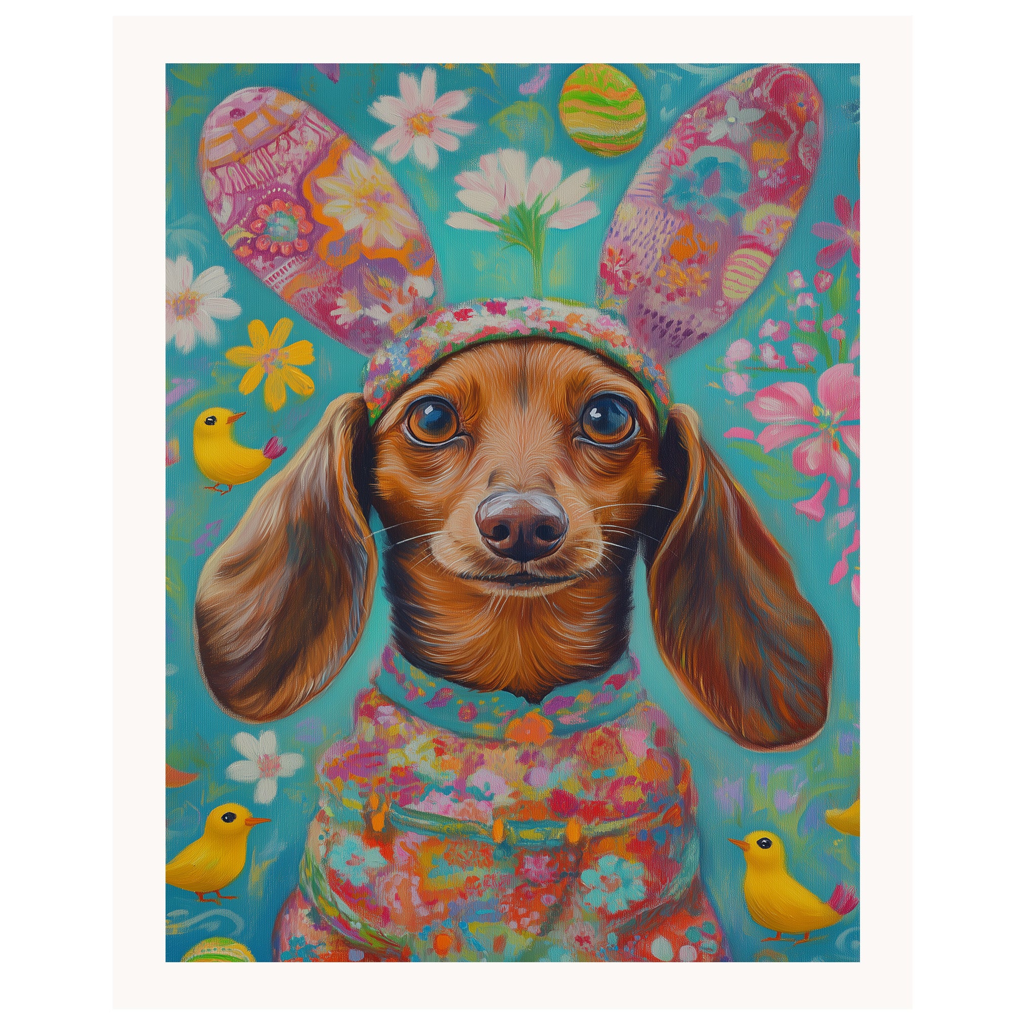 Dachshund in Festive Easter Attire, Cute Pet Portrait for Spring Home Decor, Holiday Gifts for Dog Lovers, Dog Wall Art on Canvas Wrap, Framed Print, or Rolled Artwork
