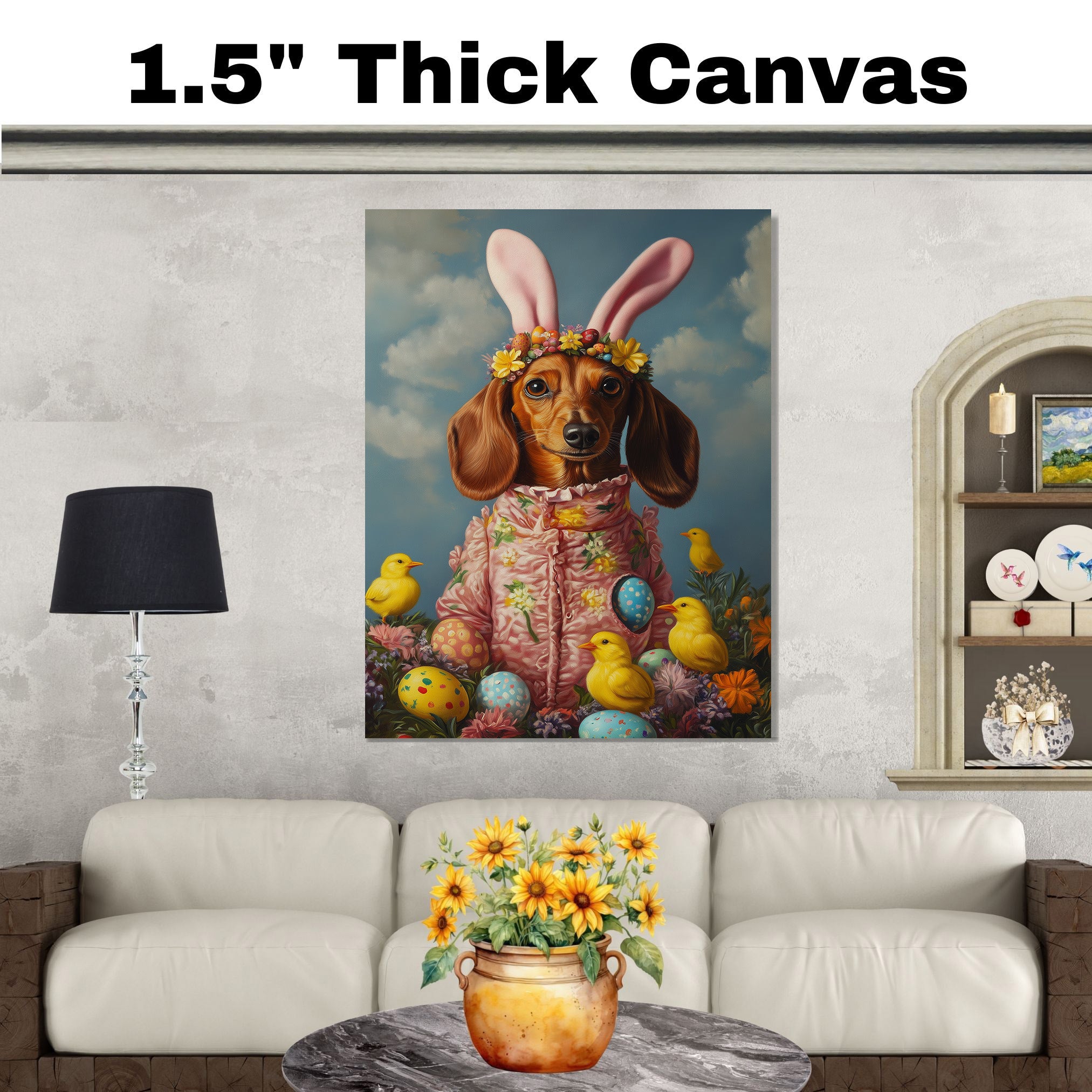 Dachshund in Easter Outfit, Cute Pet Portrait for Spring Home Decor, Holiday Gifts for Dog Lovers, Dog Wall Art on Canvas Wrap, Framed Print, or Rolled Artwork