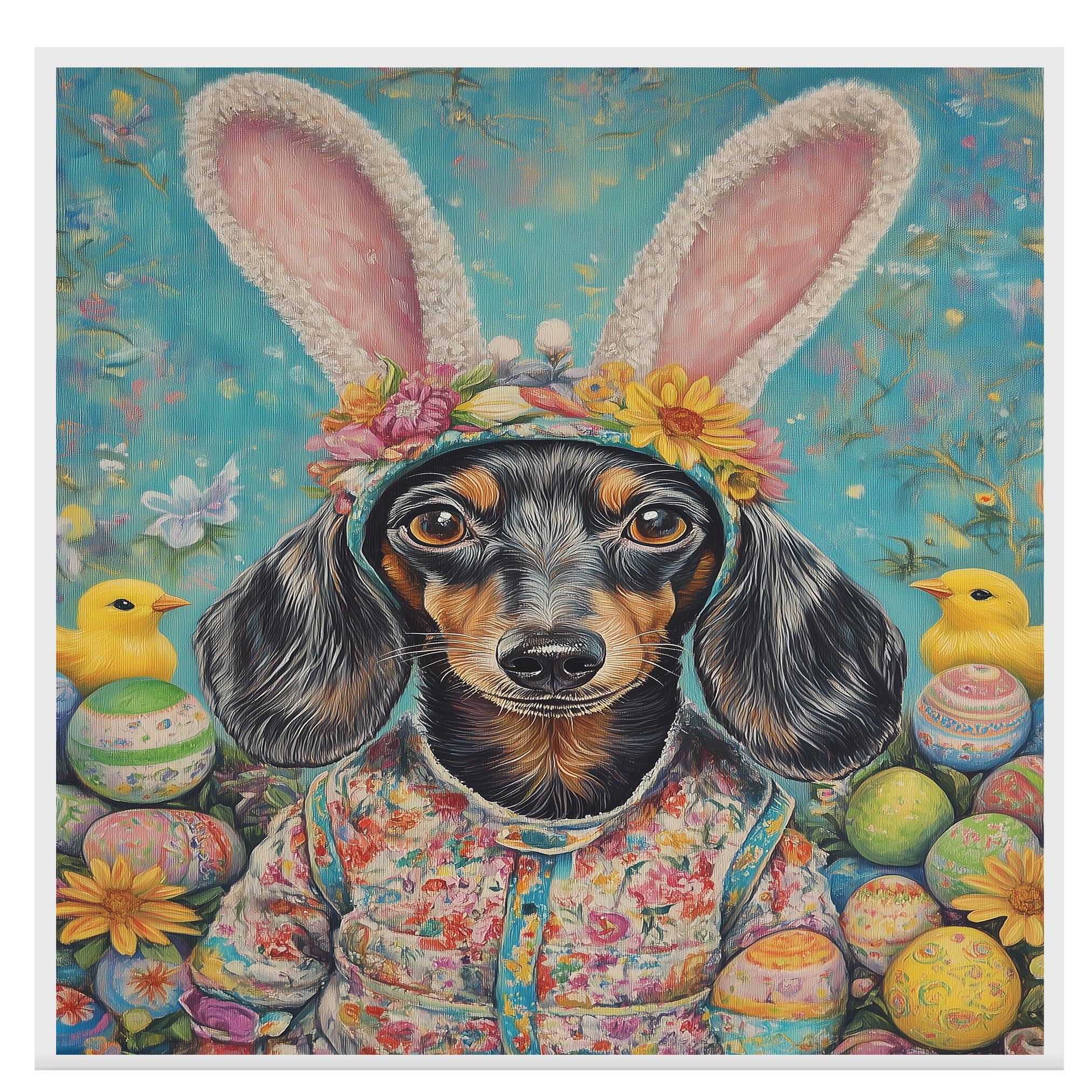 Dachshund in Easter Apparel, Cute Pet Portrait for Spring Home Decor, Holiday Gifts for Dog Lovers, Dog Wall Art on Canvas Wrap, Framed Print, or Rolled Artwork