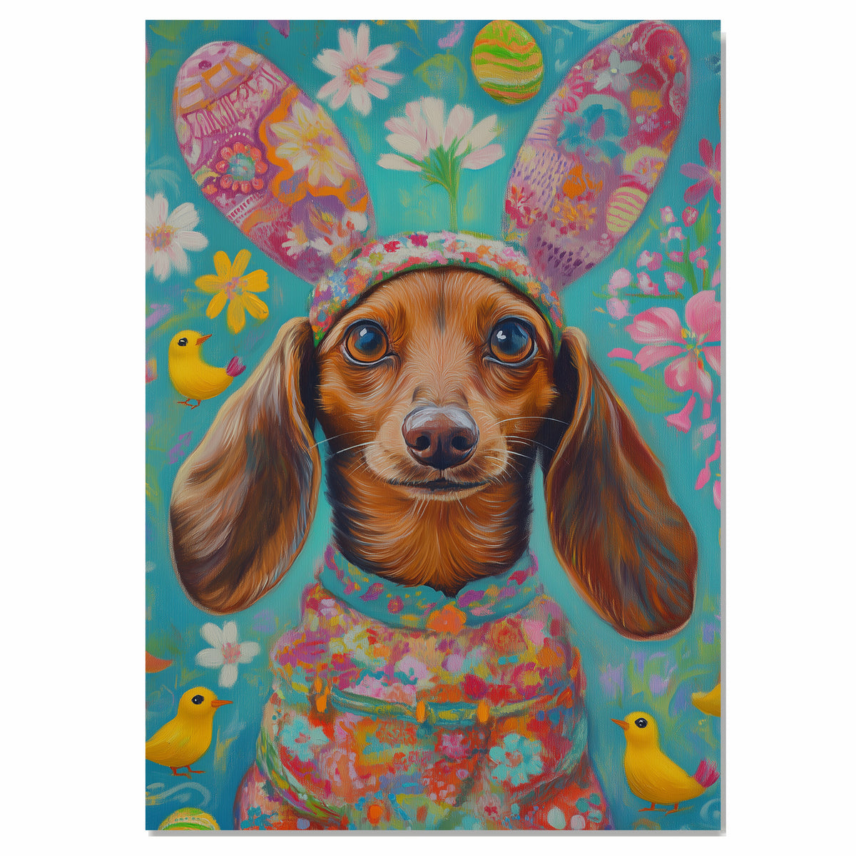 Dachshund in Festive Easter Attire, Cute Pet Portrait for Spring Home Decor, Holiday Gifts for Dog Lovers, Dog Wall Art on Canvas Wrap, Framed Print, or Rolled Artwork