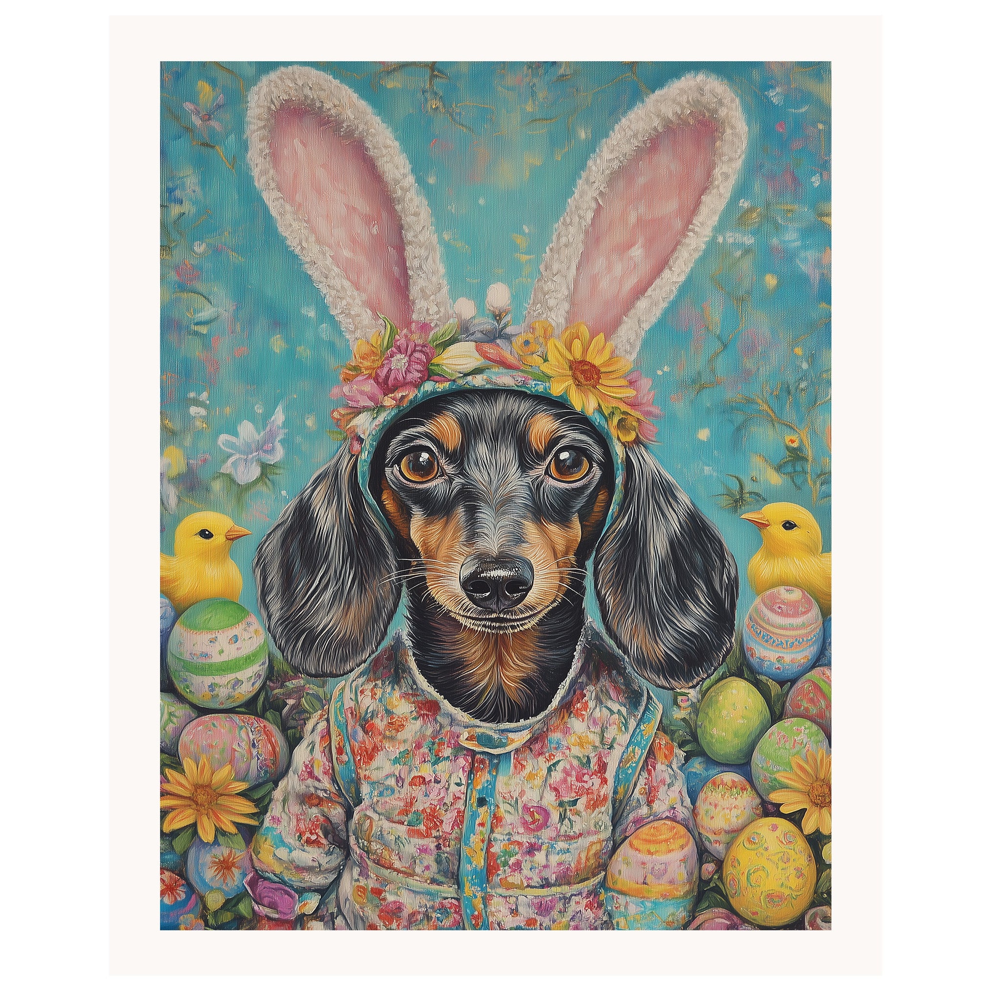 Dachshund in Easter Apparel, Cute Pet Portrait for Spring Home Decor, Holiday Gifts for Dog Lovers, Dog Wall Art on Canvas Wrap, Framed Print, or Rolled Artwork