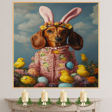 Dachshund in Easter Outfit, Cute Pet Portrait for Spring Home Decor, Holiday Gifts for Dog Lovers, Dog Wall Art on Canvas Wrap, Framed Print, or Rolled Artwork
