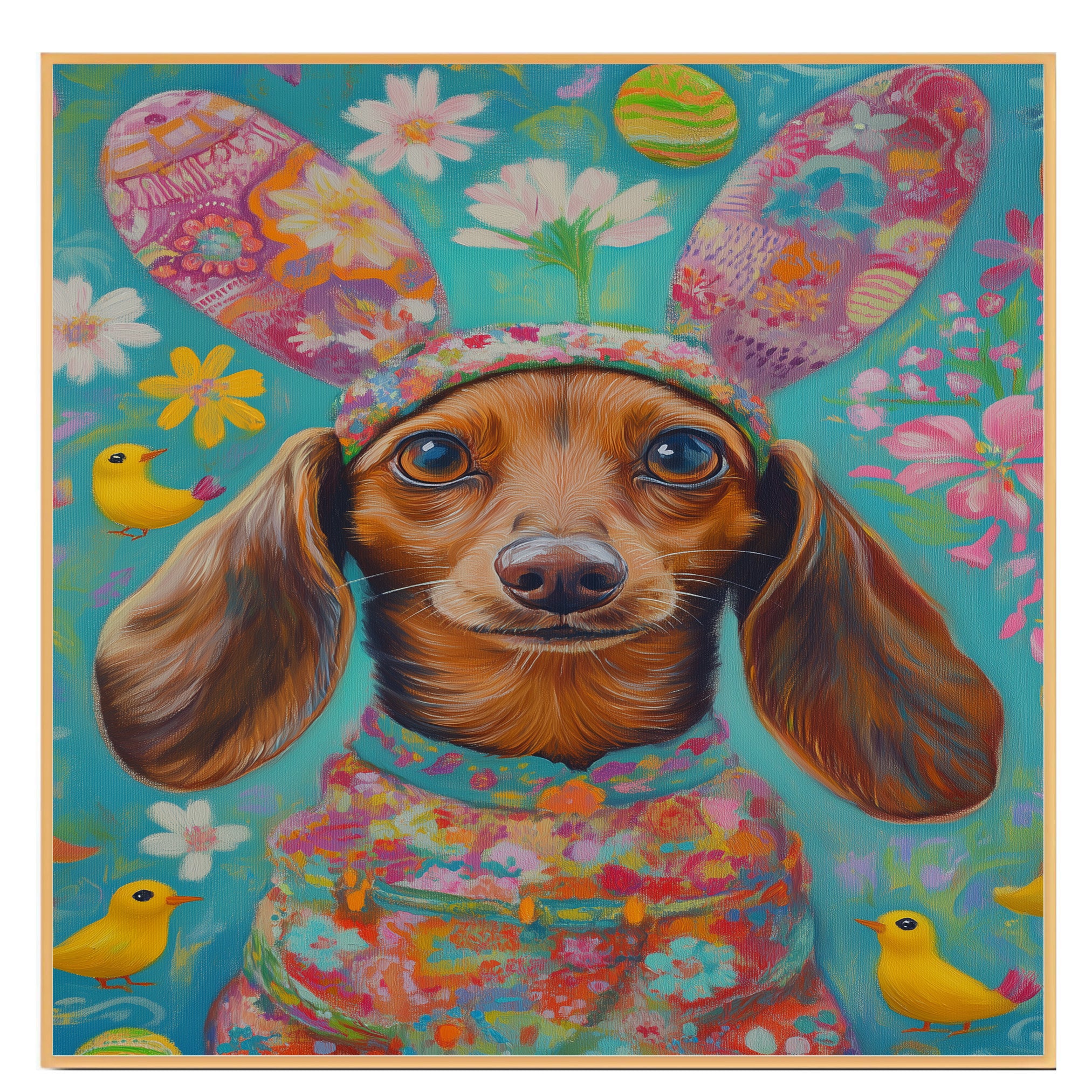 Dachshund in Festive Easter Attire, Cute Pet Portrait for Spring Home Decor, Holiday Gifts for Dog Lovers, Dog Wall Art on Canvas Wrap, Framed Print, or Rolled Artwork