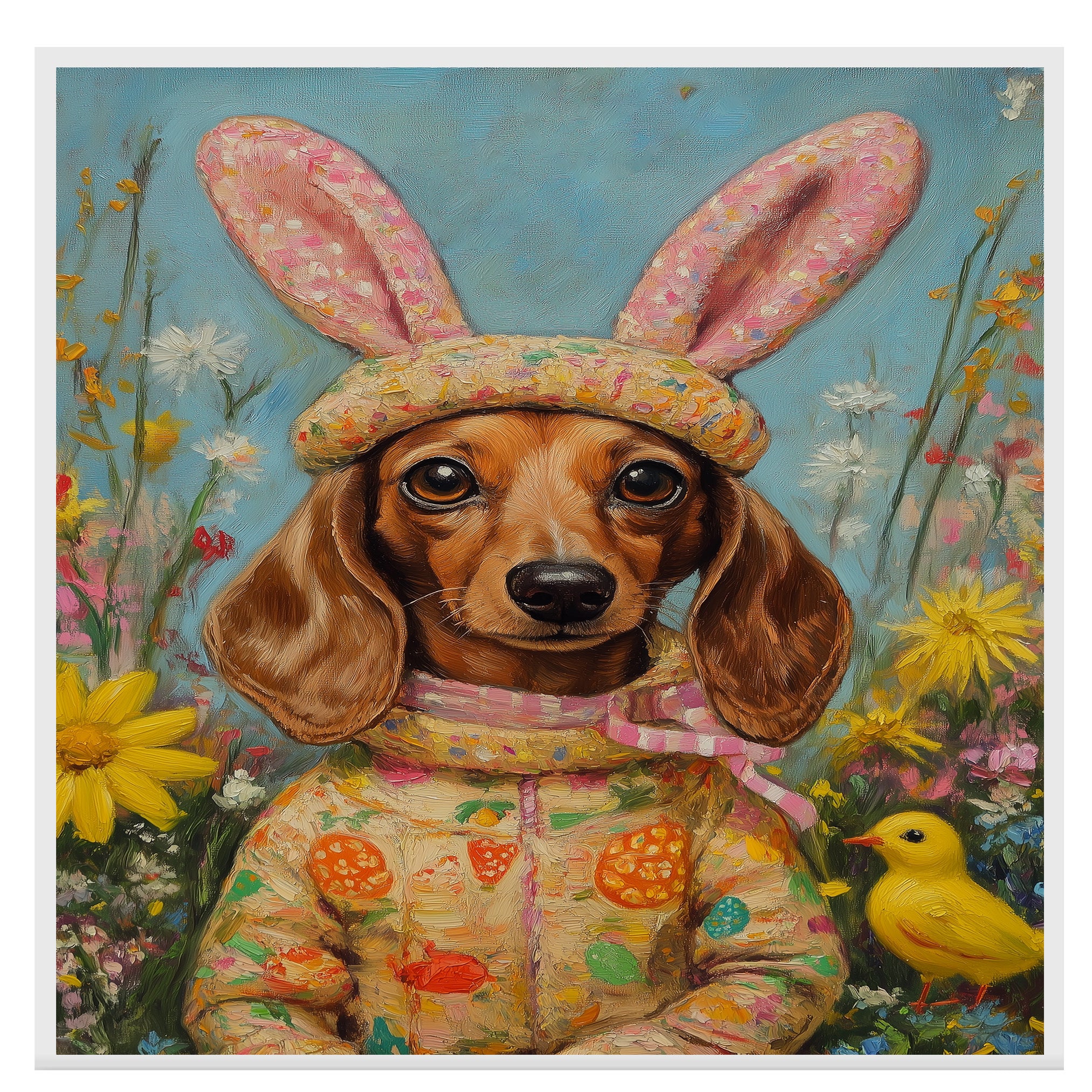Easter Dachshund Art, Cute Pet Portrait for Spring Home Decor, Holiday Gifts for Dog Lovers, Dog Wall Art on Canvas Wrap, Framed Print, or Rolled Artwork