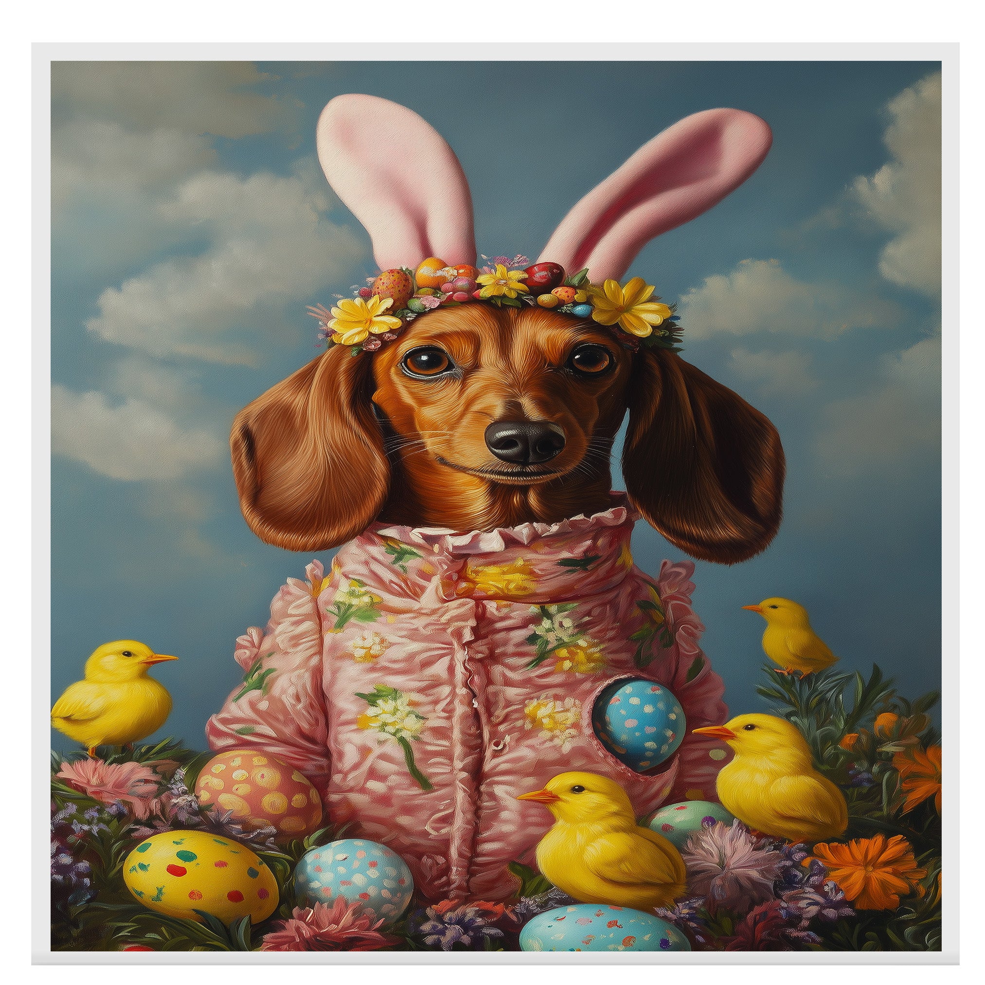 Dachshund in Easter Outfit, Cute Pet Portrait for Spring Home Decor, Holiday Gifts for Dog Lovers, Dog Wall Art on Canvas Wrap, Framed Print, or Rolled Artwork