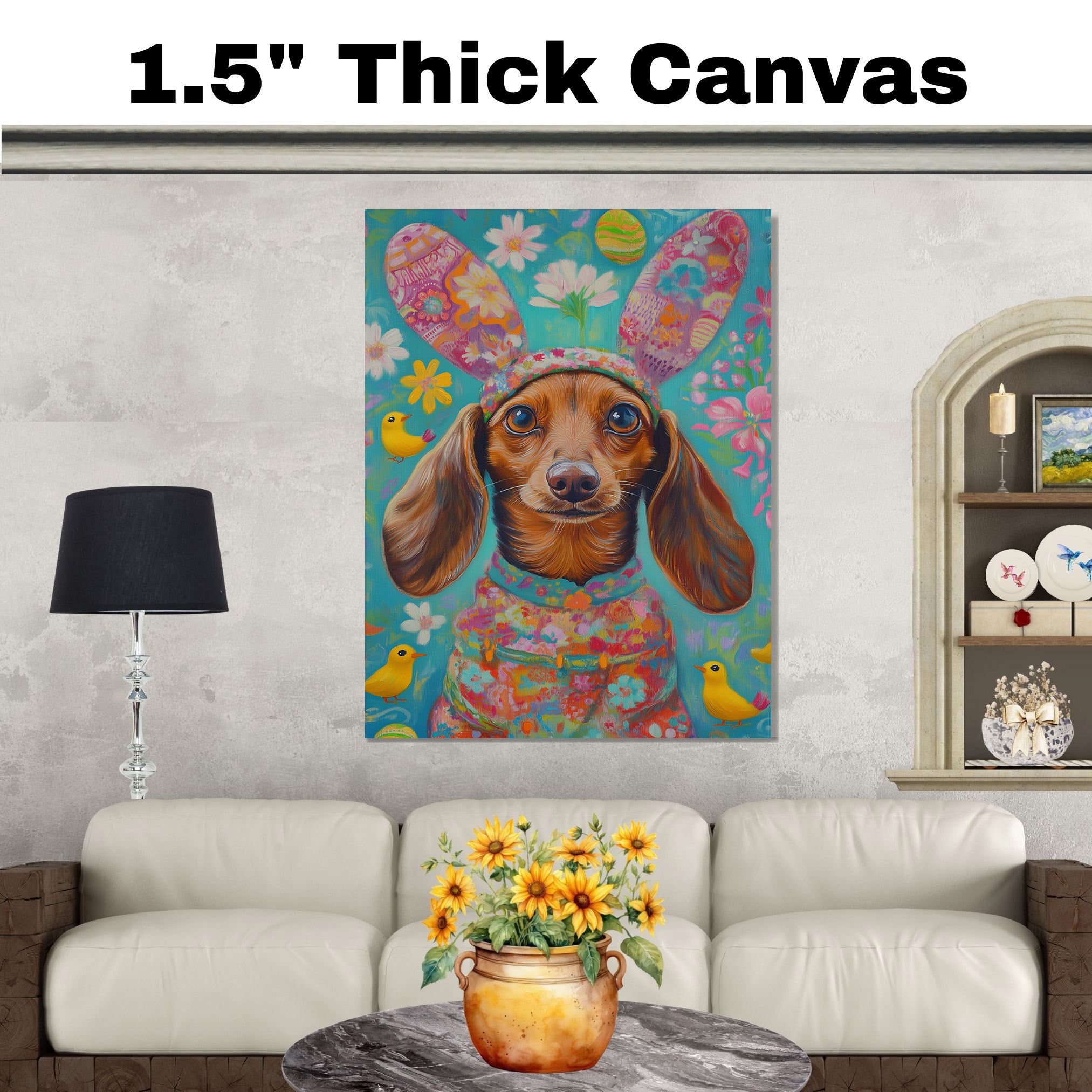 Dachshund in Festive Easter Attire, Cute Pet Portrait for Spring Home Decor, Holiday Gifts for Dog Lovers, Dog Wall Art on Canvas Wrap, Framed Print, or Rolled Artwork