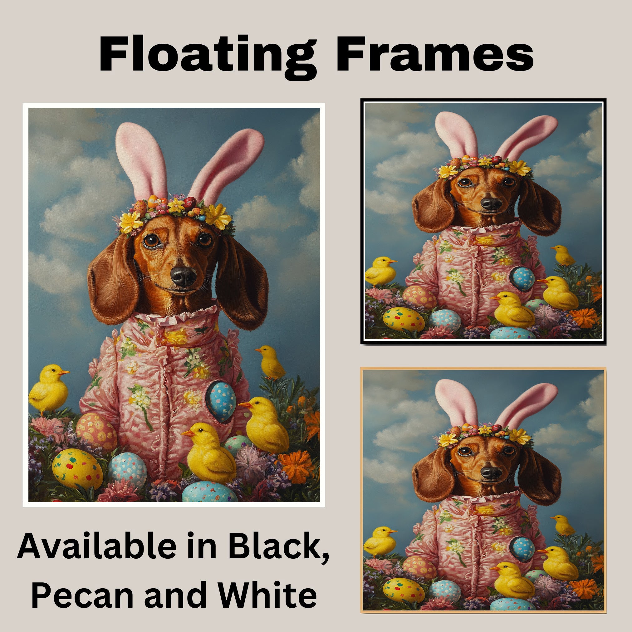 Dachshund in Easter Outfit, Cute Pet Portrait for Spring Home Decor, Holiday Gifts for Dog Lovers, Dog Wall Art on Canvas Wrap, Framed Print, or Rolled Artwork