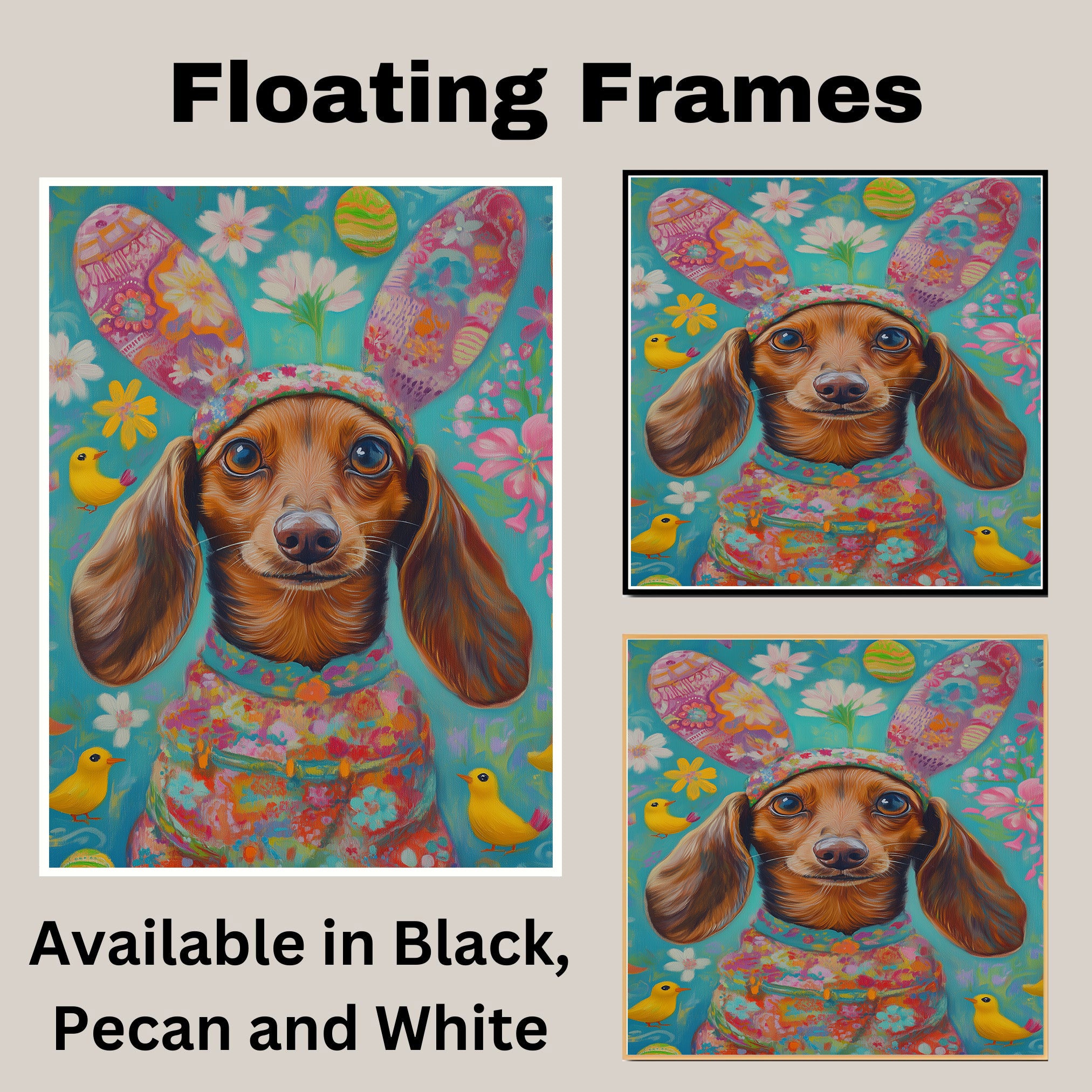Dachshund in Festive Easter Attire, Cute Pet Portrait for Spring Home Decor, Holiday Gifts for Dog Lovers, Dog Wall Art on Canvas Wrap, Framed Print, or Rolled Artwork