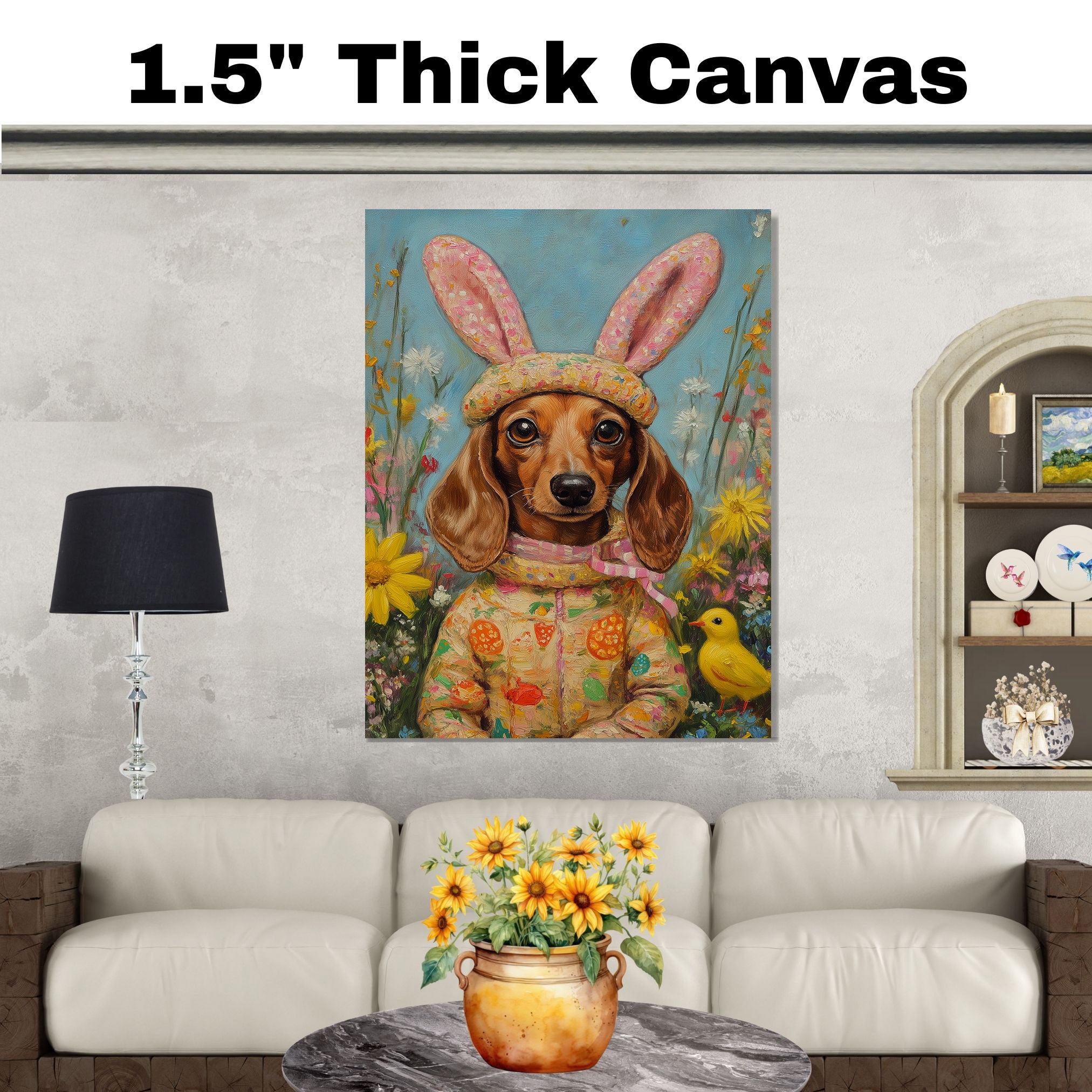 Easter Dachshund Art, Cute Pet Portrait for Spring Home Decor, Holiday Gifts for Dog Lovers, Dog Wall Art on Canvas Wrap, Framed Print, or Rolled Artwork