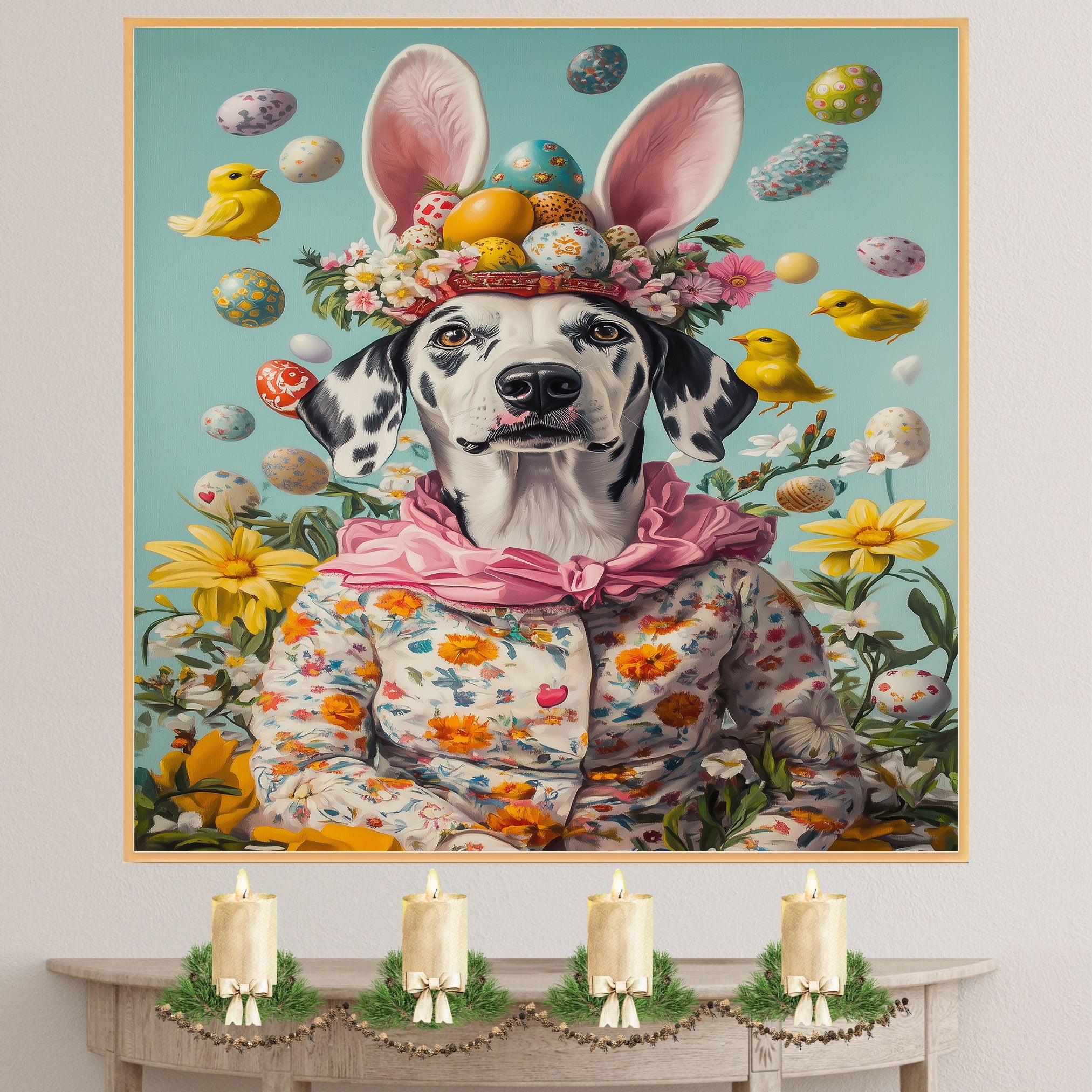 Dalmatian in Easter Outfit, Cute Pet Portrait for Spring Home Decor, Holiday Gifts for Dog Lovers, Dog Wall Art on Canvas Wrap, Framed Print, or Rolled Artwork