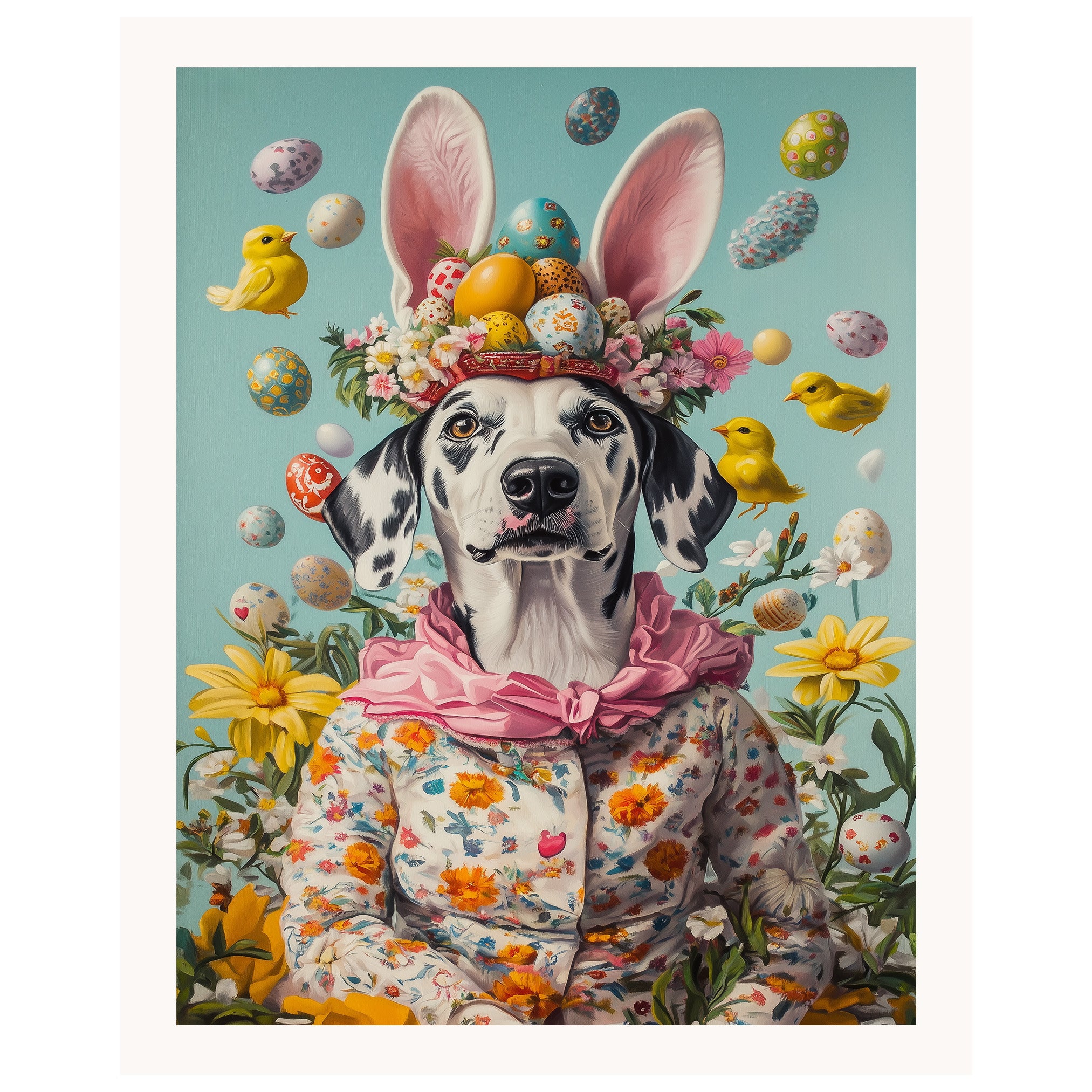 Dalmatian in Easter Outfit, Cute Pet Portrait for Spring Home Decor, Holiday Gifts for Dog Lovers, Dog Wall Art on Canvas Wrap, Framed Print, or Rolled Artwork