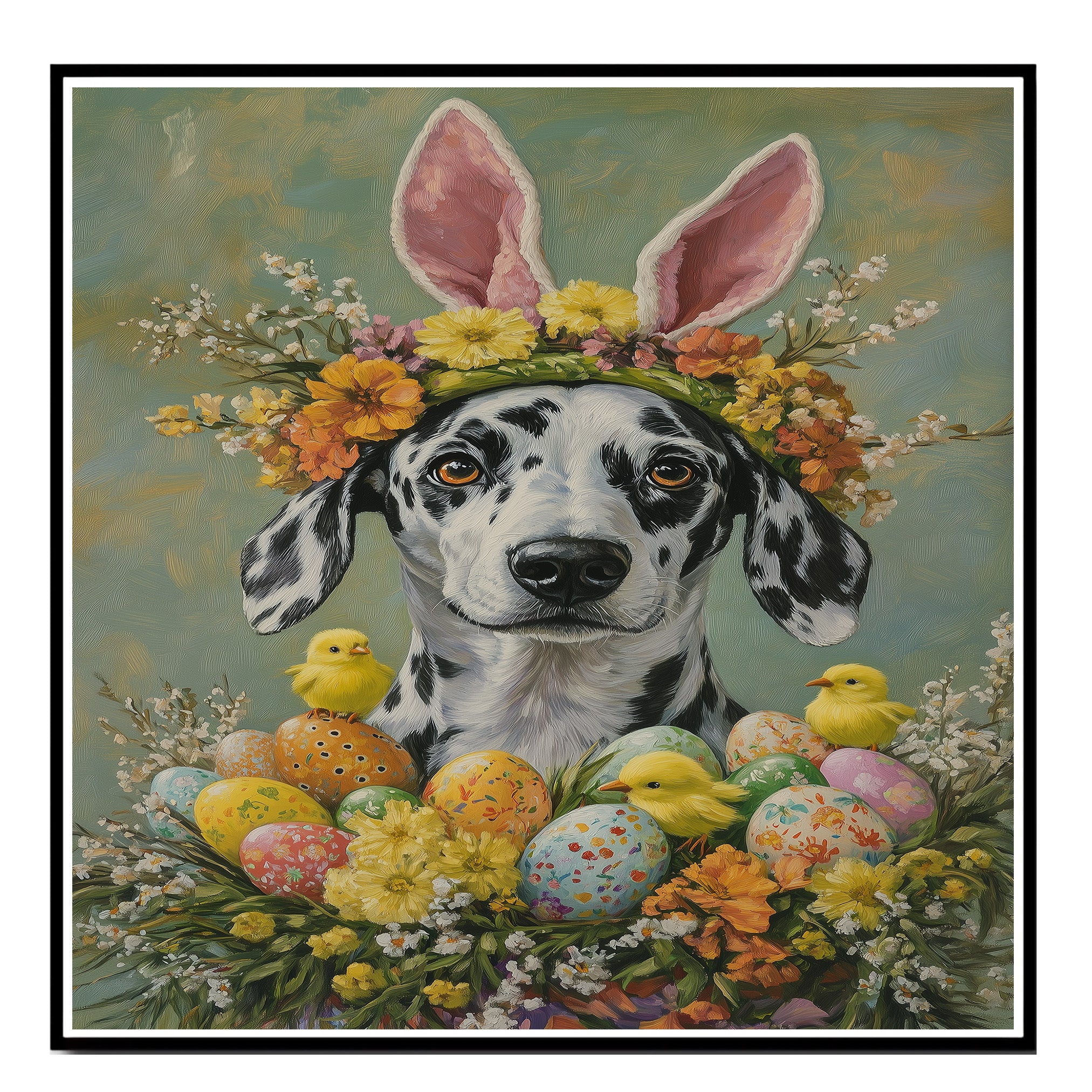 Dalmatian in Easter Attire, Cute Pet Portrait for Spring Home Decor, Holiday Gifts for Dog Lovers, Dog Wall Art on Canvas Wrap, Framed Print, or Rolled Artwork