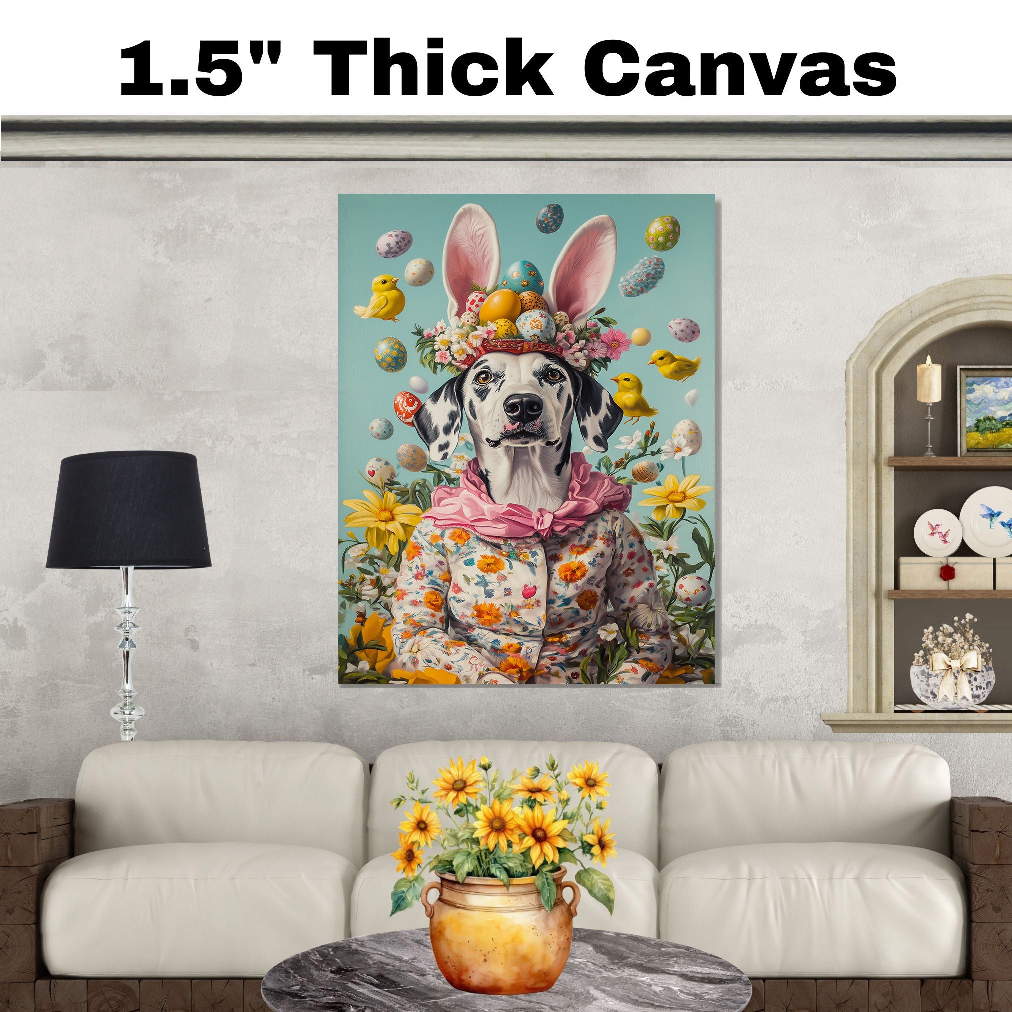Dalmatian in Easter Outfit, Cute Pet Portrait for Spring Home Decor, Holiday Gifts for Dog Lovers, Dog Wall Art on Canvas Wrap, Framed Print, or Rolled Artwork
