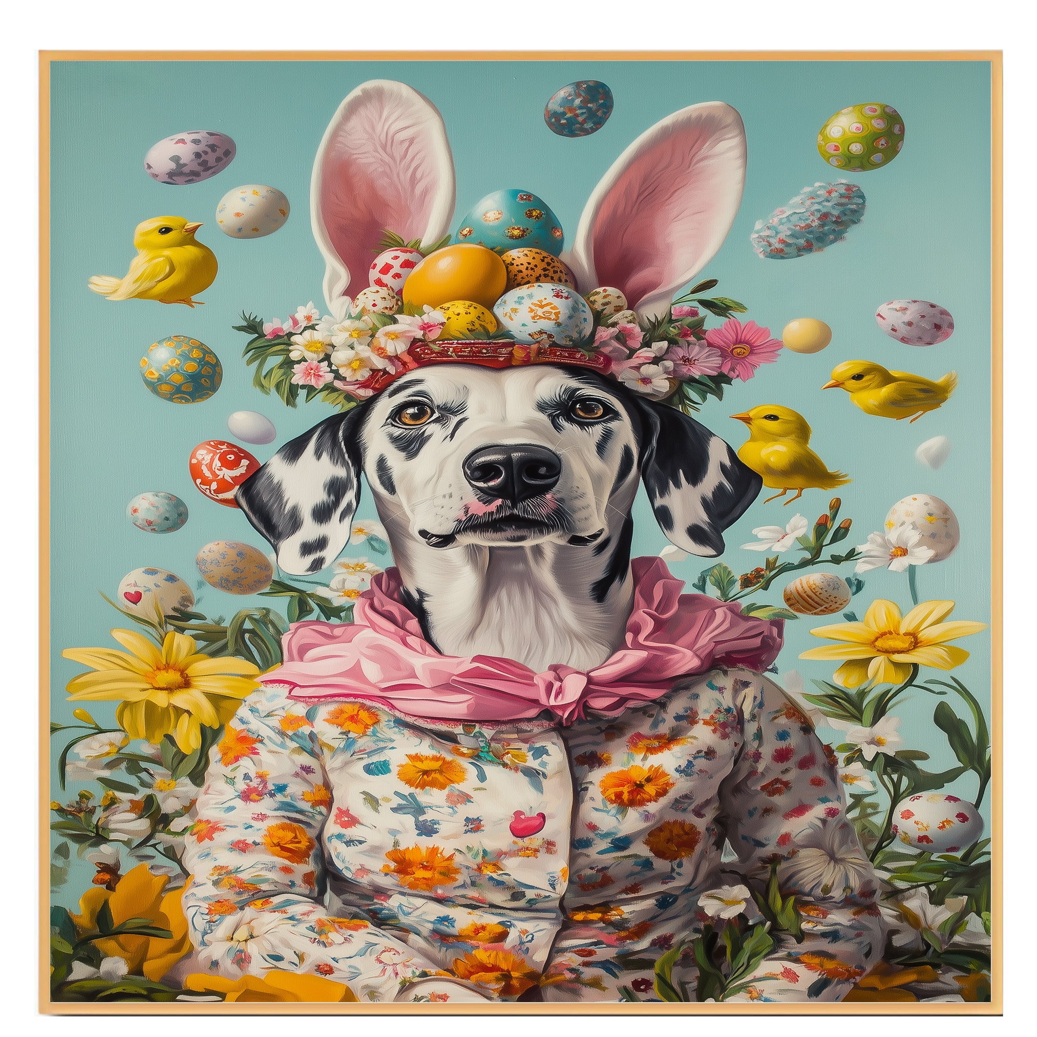 Dalmatian in Easter Outfit, Cute Pet Portrait for Spring Home Decor, Holiday Gifts for Dog Lovers, Dog Wall Art on Canvas Wrap, Framed Print, or Rolled Artwork