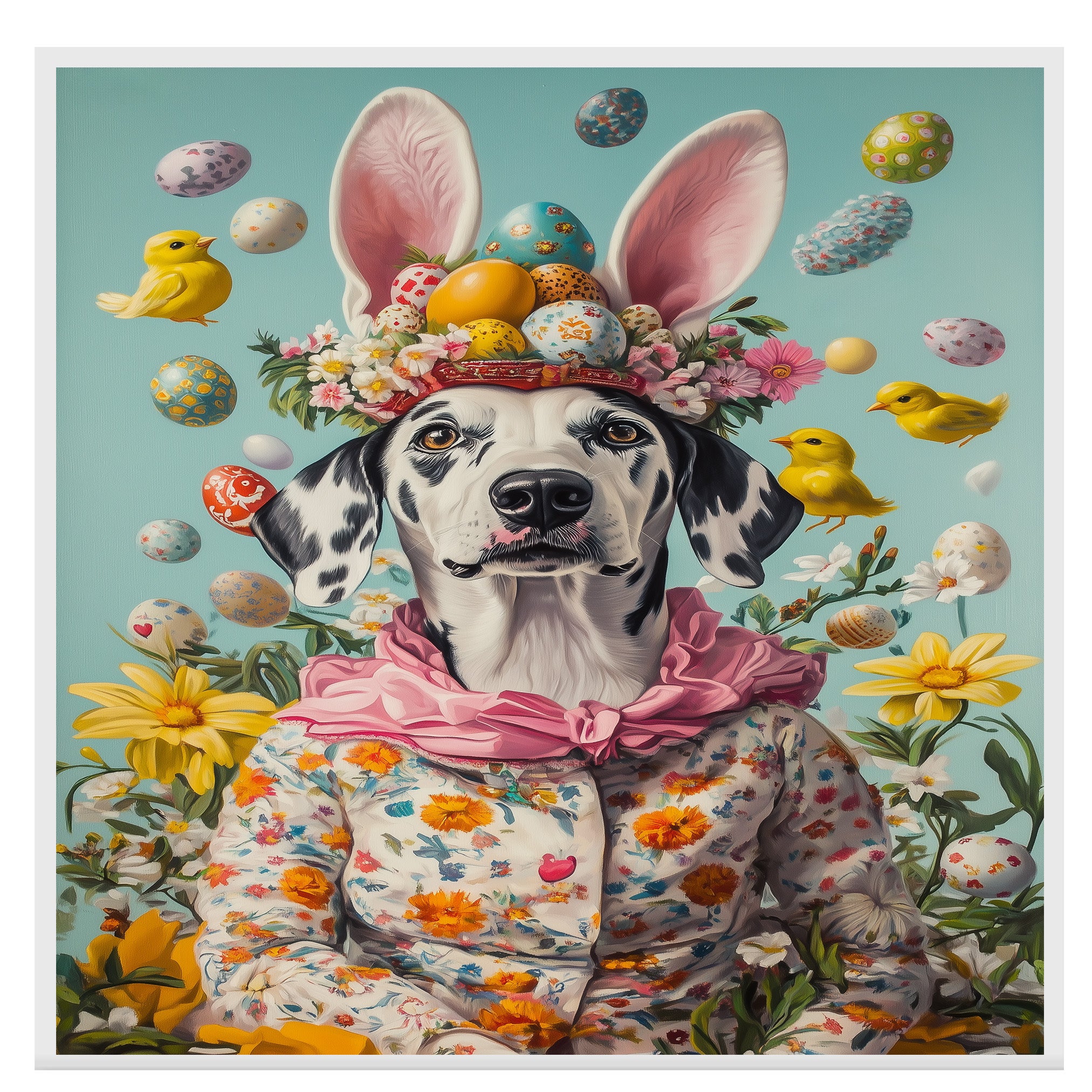 Dalmatian in Easter Outfit, Cute Pet Portrait for Spring Home Decor, Holiday Gifts for Dog Lovers, Dog Wall Art on Canvas Wrap, Framed Print, or Rolled Artwork