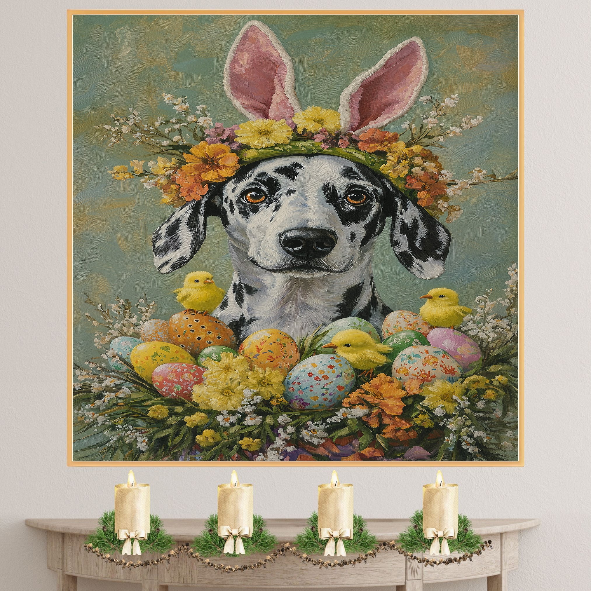 Dalmatian in Easter Attire, Cute Pet Portrait for Spring Home Decor, Holiday Gifts for Dog Lovers, Dog Wall Art on Canvas Wrap, Framed Print, or Rolled Artwork