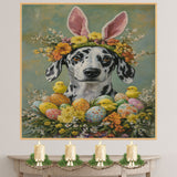 Dalmatian in Easter Attire, Cute Pet Portrait for Spring Home Decor, Holiday Gifts for Dog Lovers, Dog Wall Art on Canvas Wrap, Framed Print, or Rolled Artwork