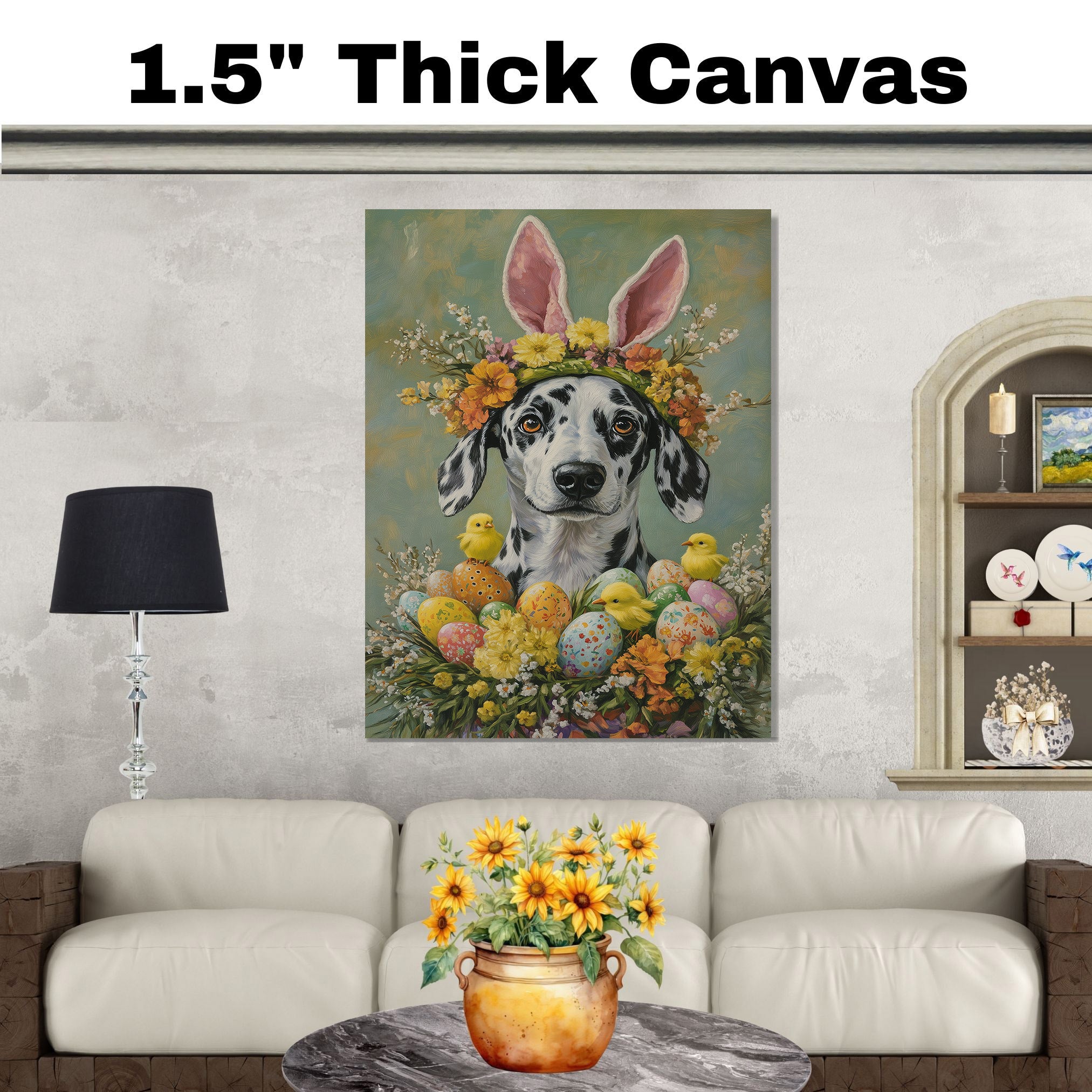 Dalmatian in Easter Attire, Cute Pet Portrait for Spring Home Decor, Holiday Gifts for Dog Lovers, Dog Wall Art on Canvas Wrap, Framed Print, or Rolled Artwork