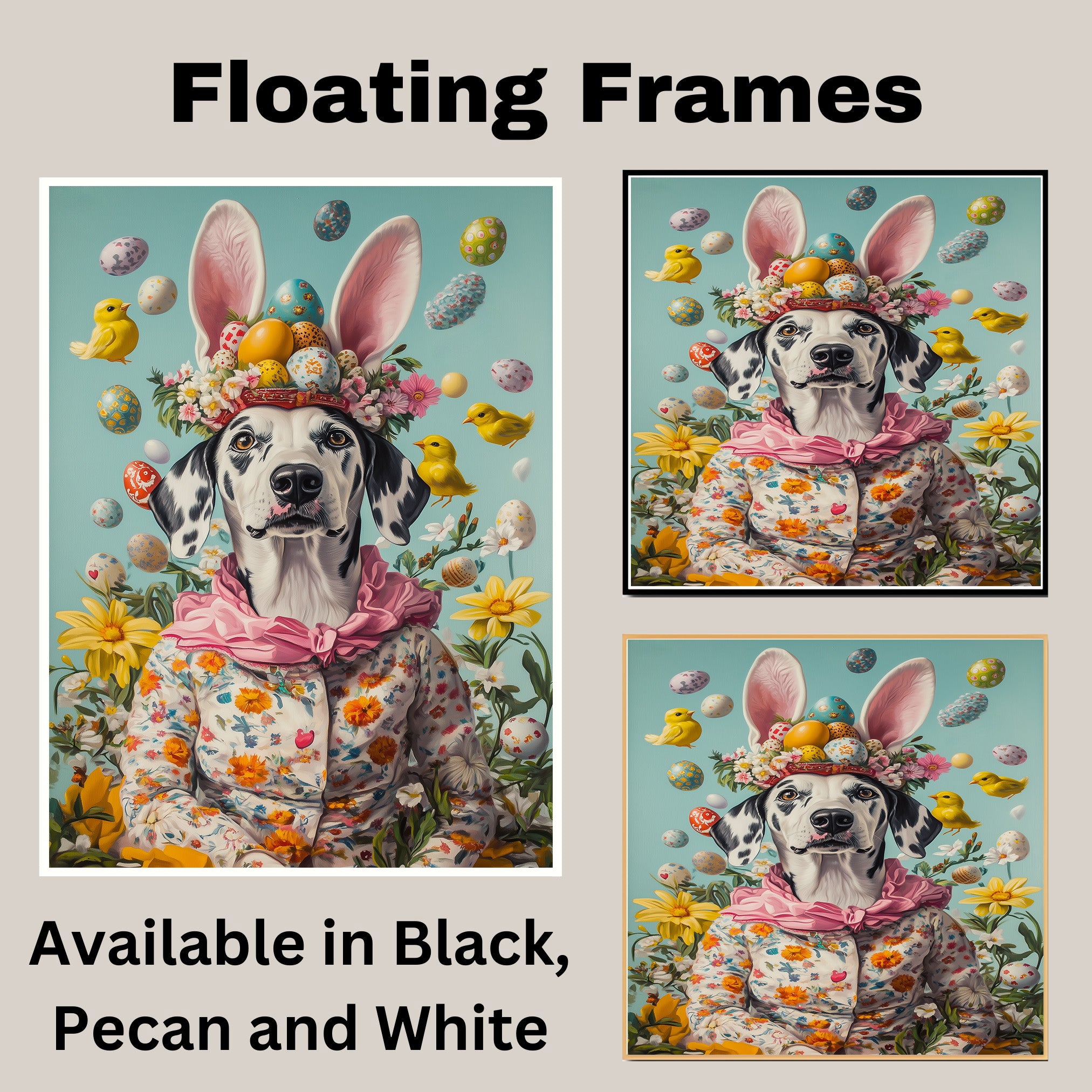 Dalmatian in Easter Outfit, Cute Pet Portrait for Spring Home Decor, Holiday Gifts for Dog Lovers, Dog Wall Art on Canvas Wrap, Framed Print, or Rolled Artwork