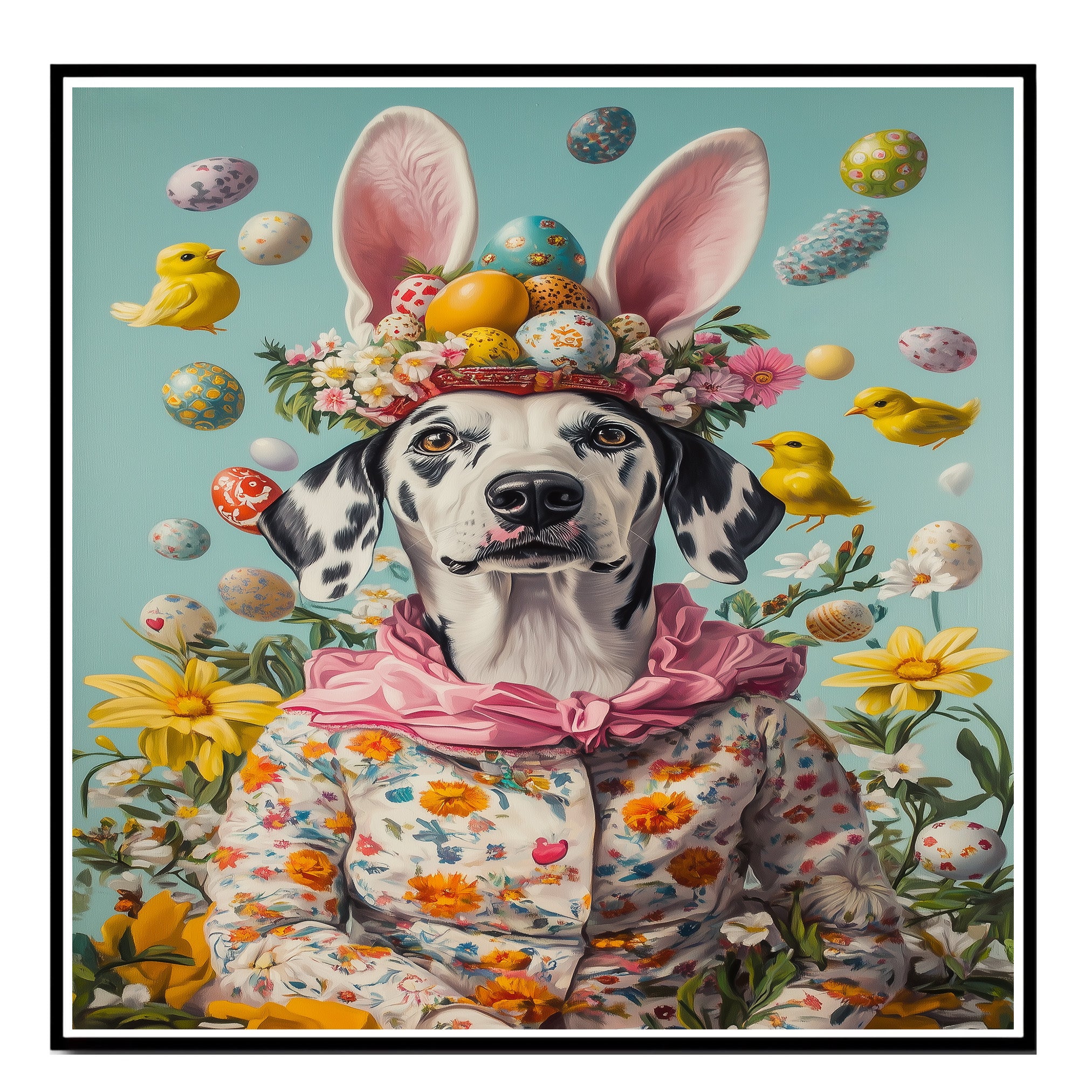 Dalmatian in Easter Outfit, Cute Pet Portrait for Spring Home Decor, Holiday Gifts for Dog Lovers, Dog Wall Art on Canvas Wrap, Framed Print, or Rolled Artwork