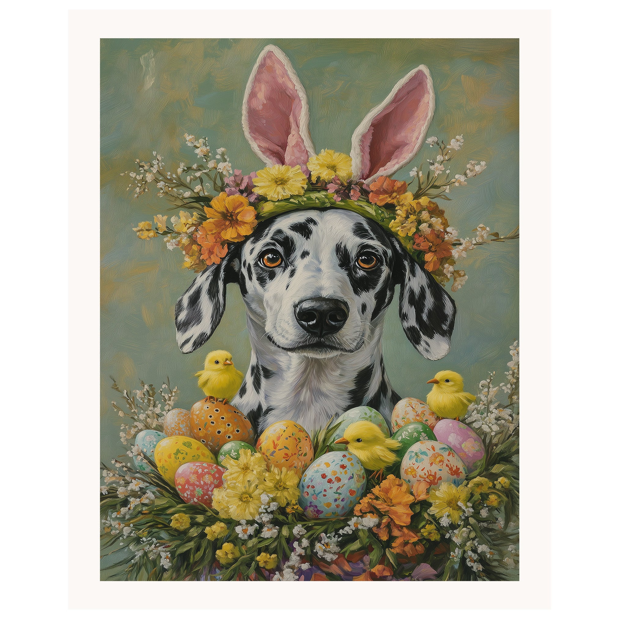 Dalmatian in Easter Attire, Cute Pet Portrait for Spring Home Decor, Holiday Gifts for Dog Lovers, Dog Wall Art on Canvas Wrap, Framed Print, or Rolled Artwork