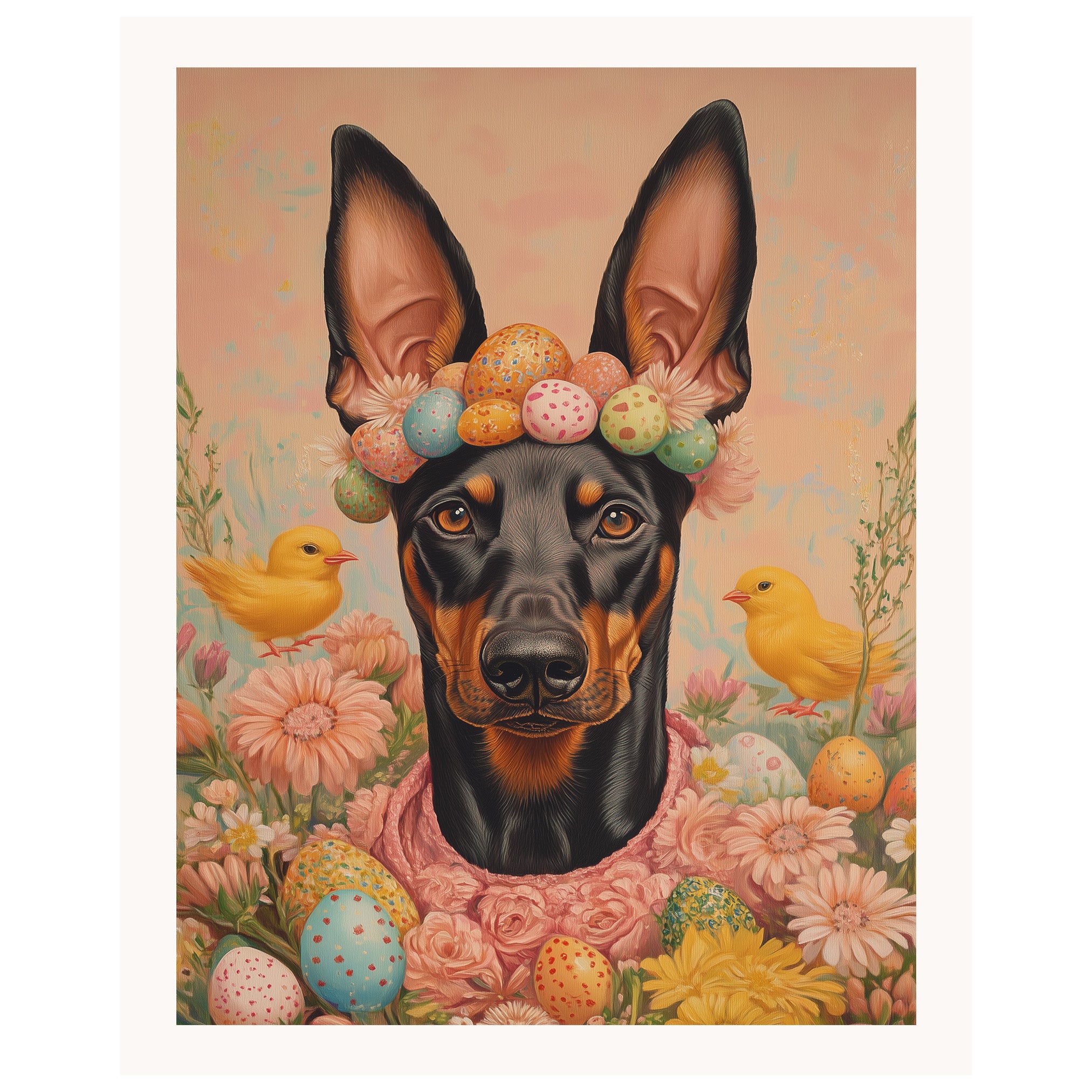 Doberman in Easter Outfit, Cute Pet Portrait for Spring Home Decor, Holiday Gifts for Dog Lovers, Dog Wall Art on Canvas Wrap, Framed Print, or Rolled Artwork
