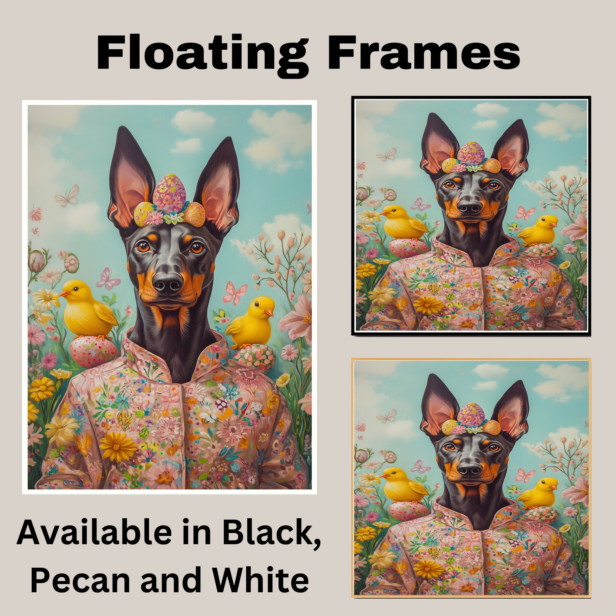 Doberman in Easter Costume, Cute Pet Portrait for Spring Home Decor, Holiday Gifts for Dog Lovers, Dog Wall Art on Canvas Wrap, Framed Print, or Rolled Artwork