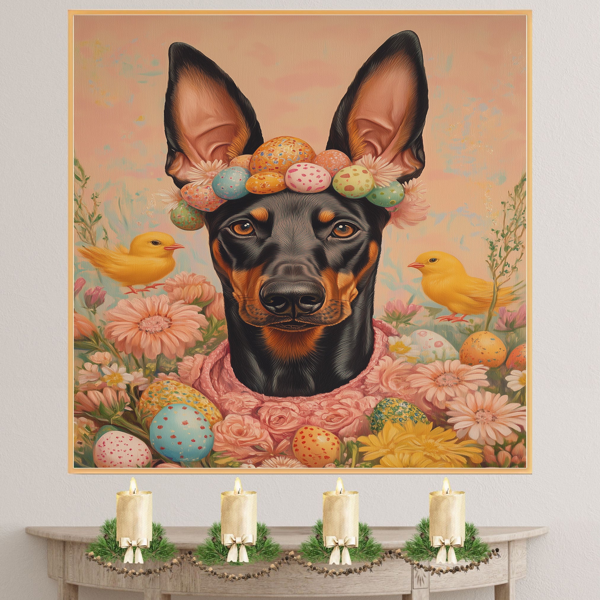 Doberman in Easter Outfit, Cute Pet Portrait for Spring Home Decor, Holiday Gifts for Dog Lovers, Dog Wall Art on Canvas Wrap, Framed Print, or Rolled Artwork