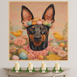 Doberman in Easter Outfit, Cute Pet Portrait for Spring Home Decor, Holiday Gifts for Dog Lovers, Dog Wall Art on Canvas Wrap, Framed Print, or Rolled Artwork