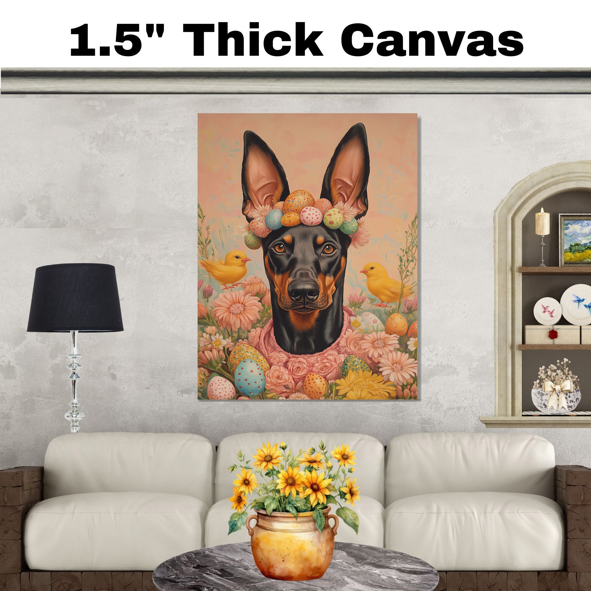 Doberman in Easter Outfit, Cute Pet Portrait for Spring Home Decor, Holiday Gifts for Dog Lovers, Dog Wall Art on Canvas Wrap, Framed Print, or Rolled Artwork