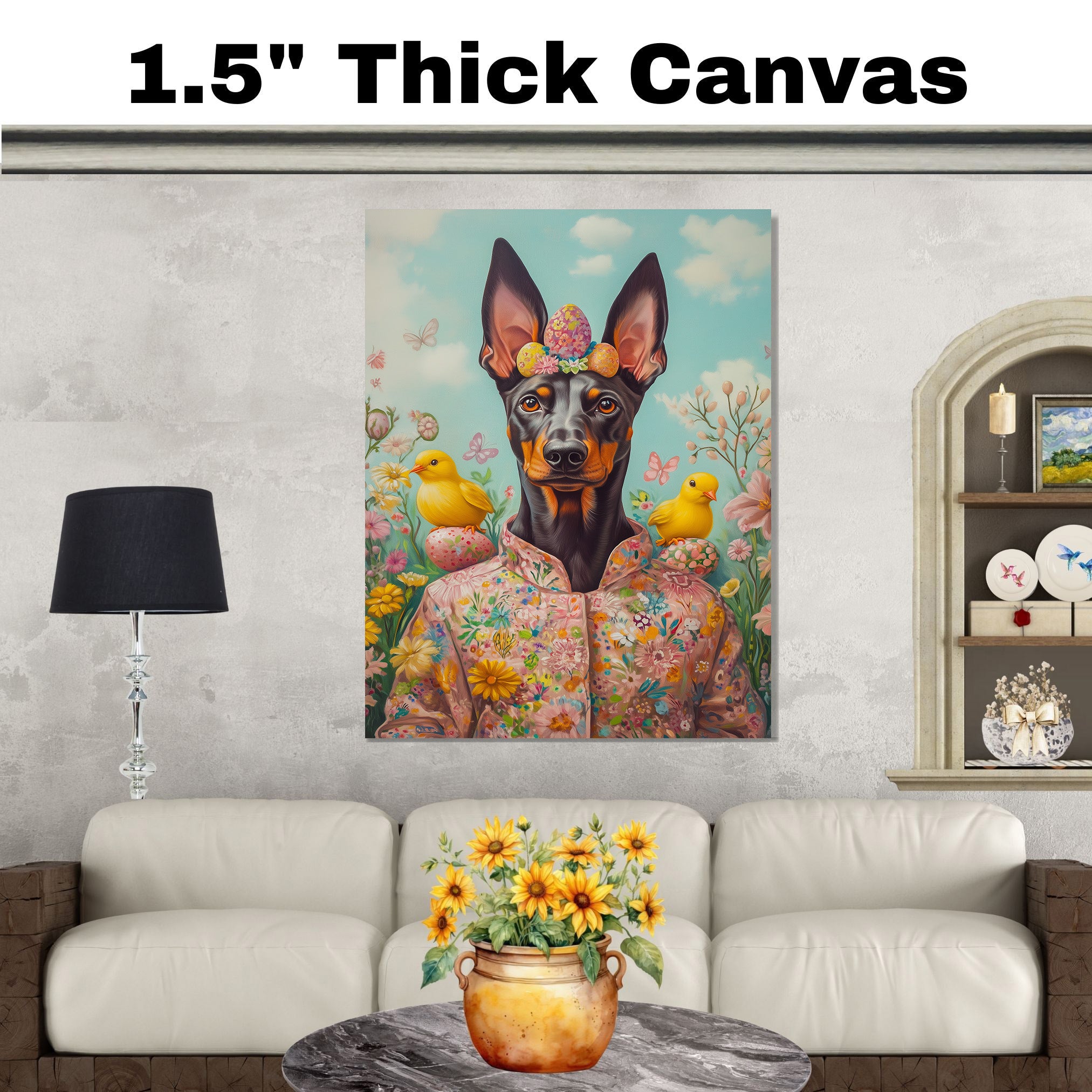Doberman in Easter Costume, Cute Pet Portrait for Spring Home Decor, Holiday Gifts for Dog Lovers, Dog Wall Art on Canvas Wrap, Framed Print, or Rolled Artwork