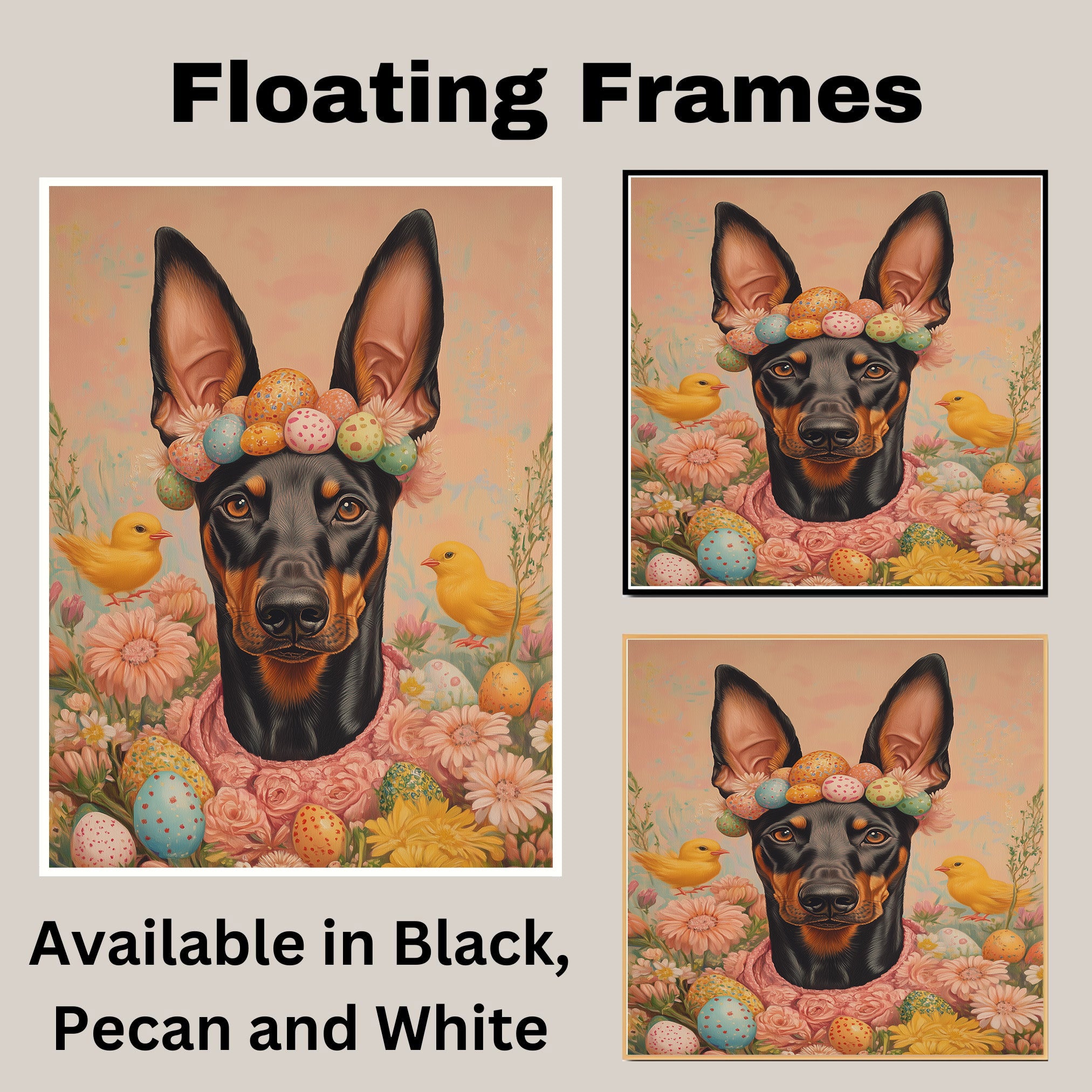 Doberman in Easter Outfit, Cute Pet Portrait for Spring Home Decor, Holiday Gifts for Dog Lovers, Dog Wall Art on Canvas Wrap, Framed Print, or Rolled Artwork
