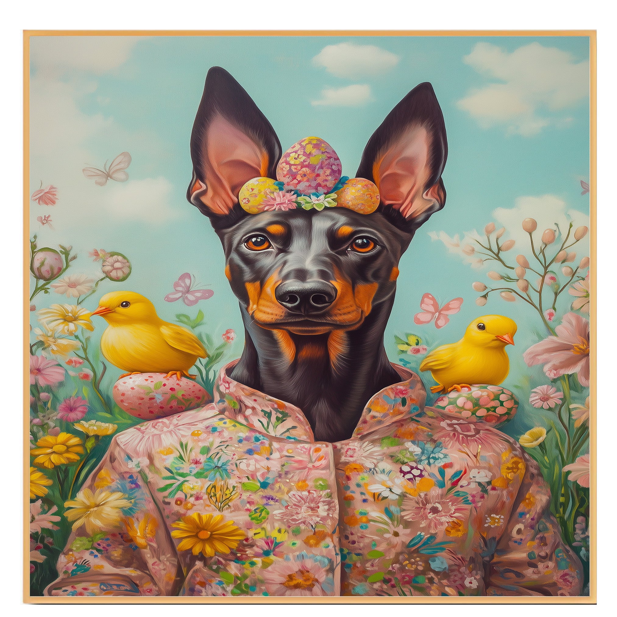 Doberman in Easter Costume, Cute Pet Portrait for Spring Home Decor, Holiday Gifts for Dog Lovers, Dog Wall Art on Canvas Wrap, Framed Print, or Rolled Artwork