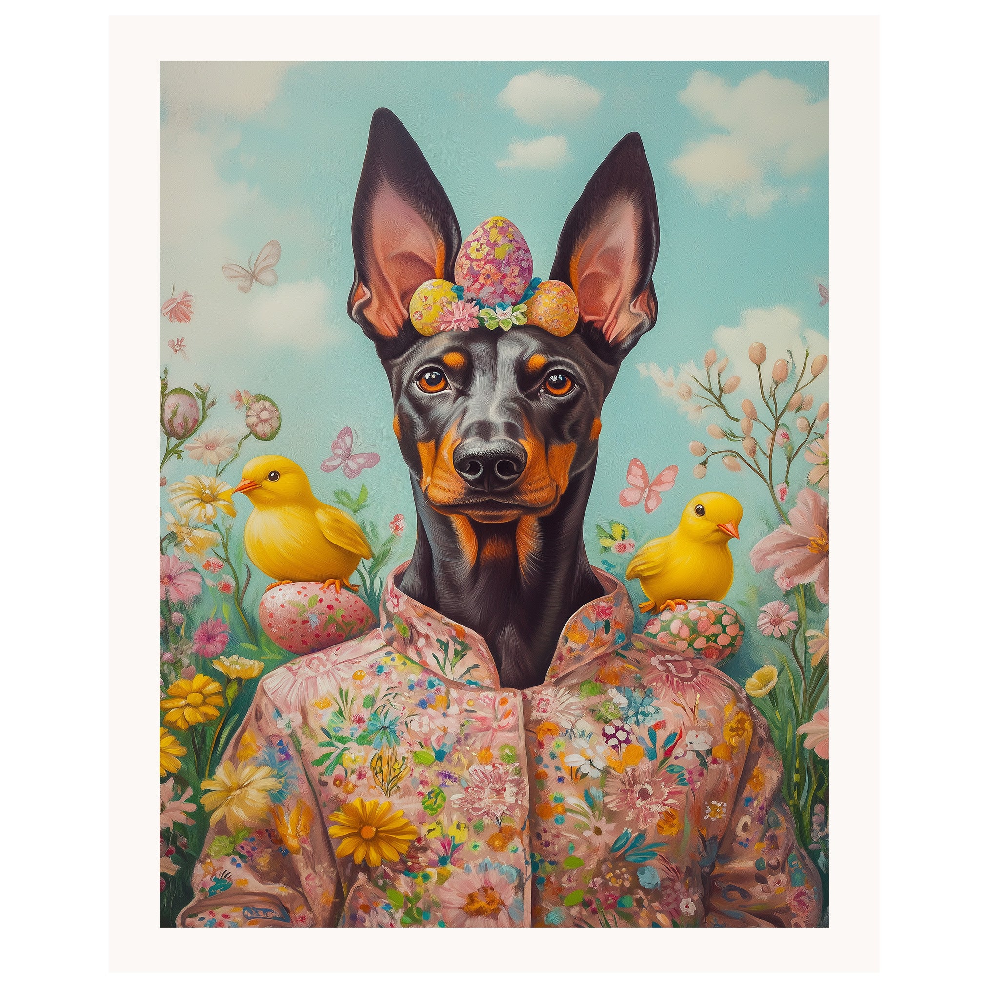 Doberman in Easter Costume, Cute Pet Portrait for Spring Home Decor, Holiday Gifts for Dog Lovers, Dog Wall Art on Canvas Wrap, Framed Print, or Rolled Artwork