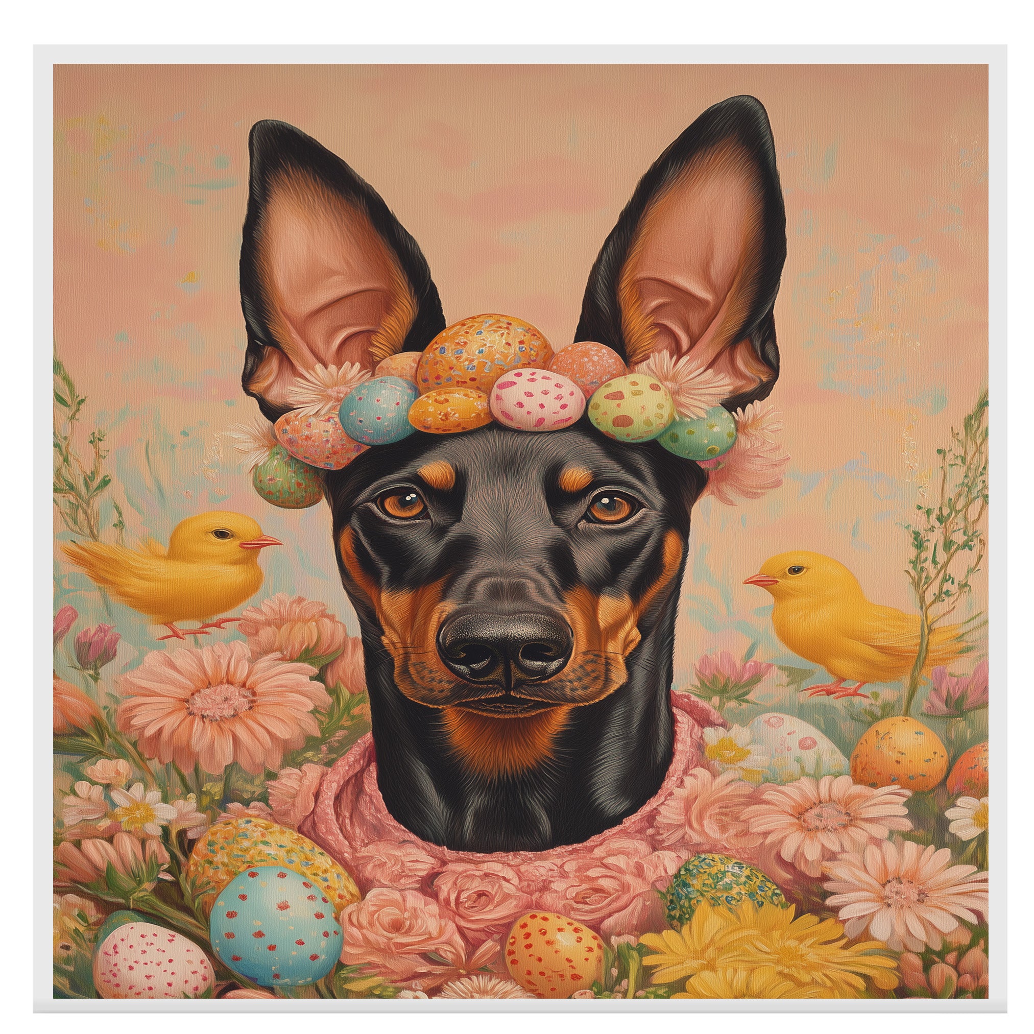 Doberman in Easter Outfit, Cute Pet Portrait for Spring Home Decor, Holiday Gifts for Dog Lovers, Dog Wall Art on Canvas Wrap, Framed Print, or Rolled Artwork