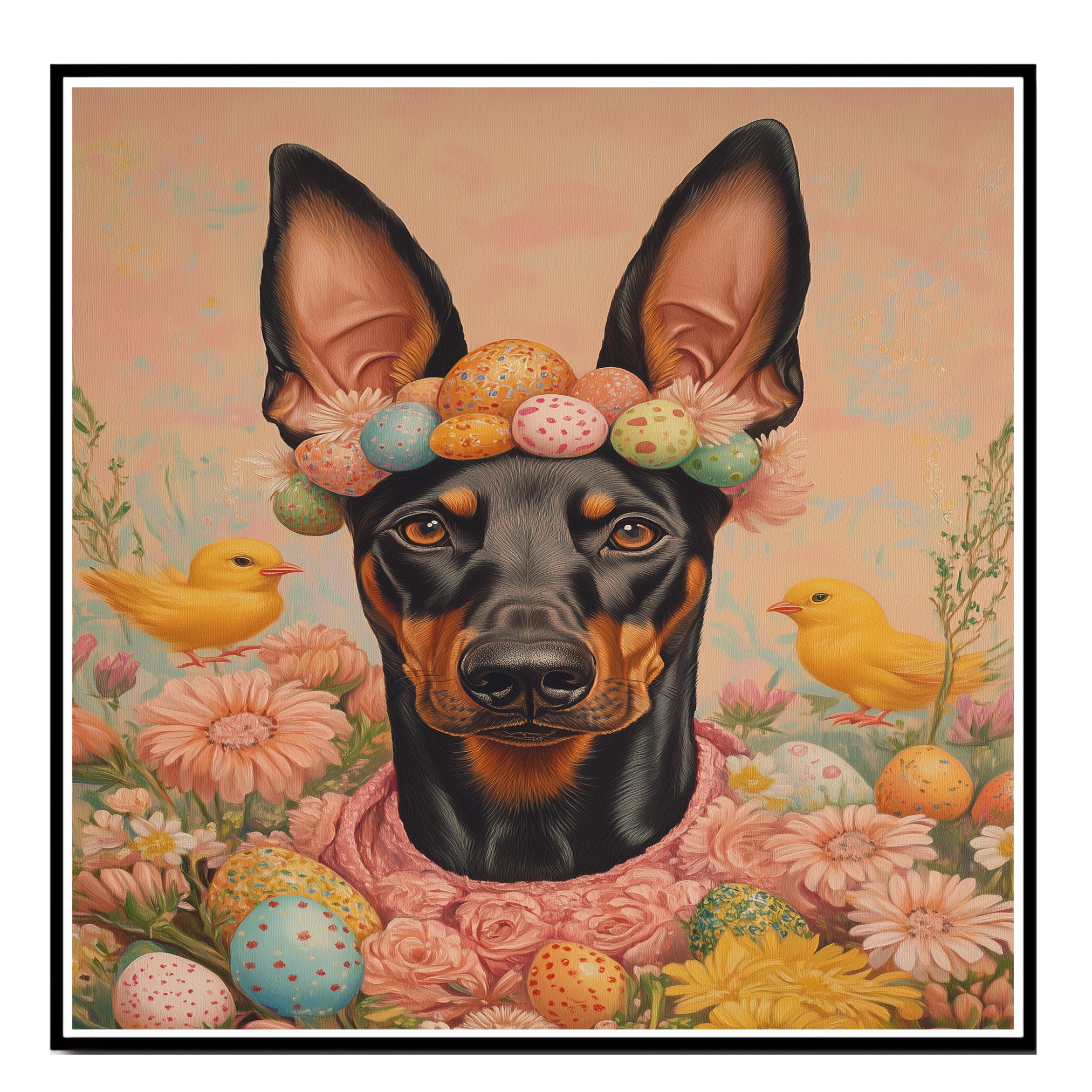Doberman in Easter Outfit, Cute Pet Portrait for Spring Home Decor, Holiday Gifts for Dog Lovers, Dog Wall Art on Canvas Wrap, Framed Print, or Rolled Artwork