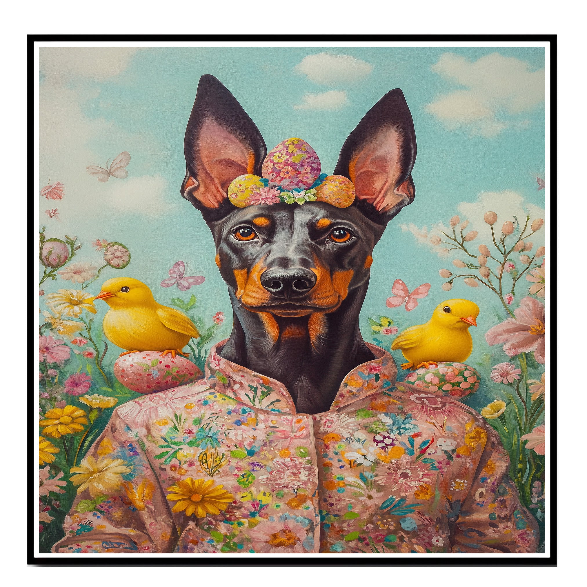 Doberman in Easter Costume, Cute Pet Portrait for Spring Home Decor, Holiday Gifts for Dog Lovers, Dog Wall Art on Canvas Wrap, Framed Print, or Rolled Artwork
