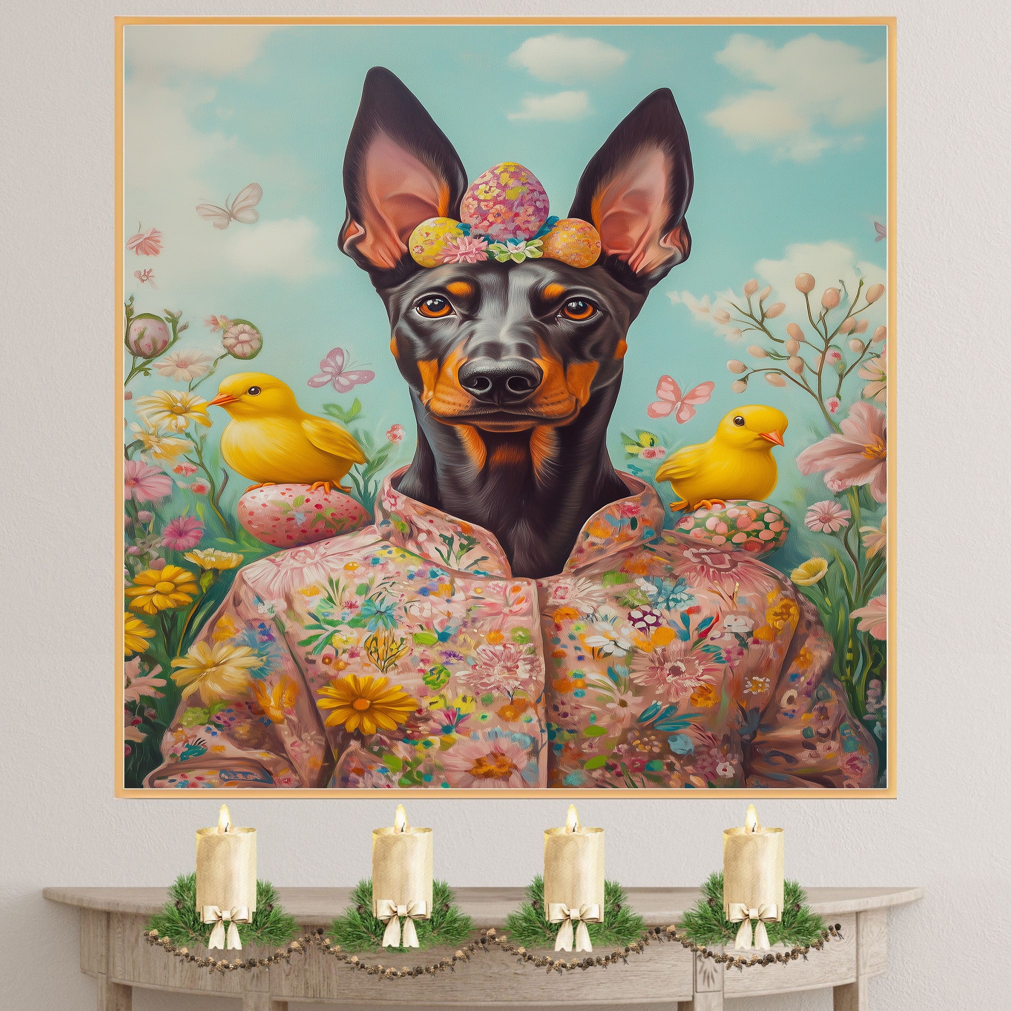 Doberman in Easter Costume, Cute Pet Portrait for Spring Home Decor, Holiday Gifts for Dog Lovers, Dog Wall Art on Canvas Wrap, Framed Print, or Rolled Artwork