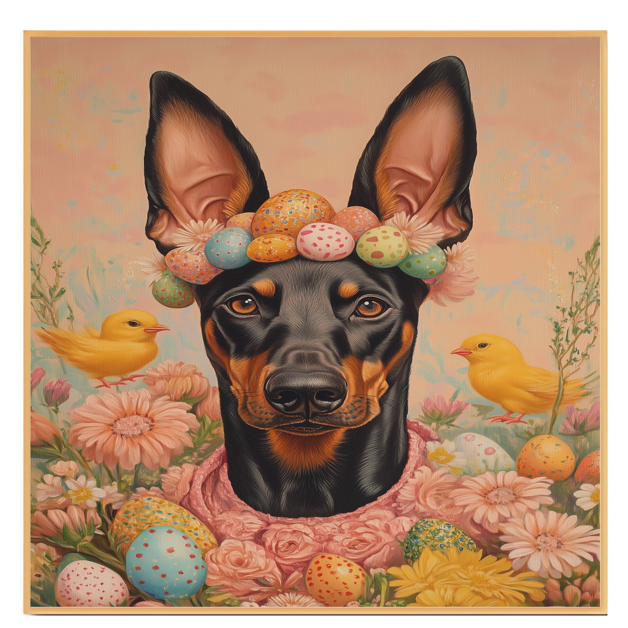 Doberman in Easter Outfit, Cute Pet Portrait for Spring Home Decor, Holiday Gifts for Dog Lovers, Dog Wall Art on Canvas Wrap, Framed Print, or Rolled Artwork