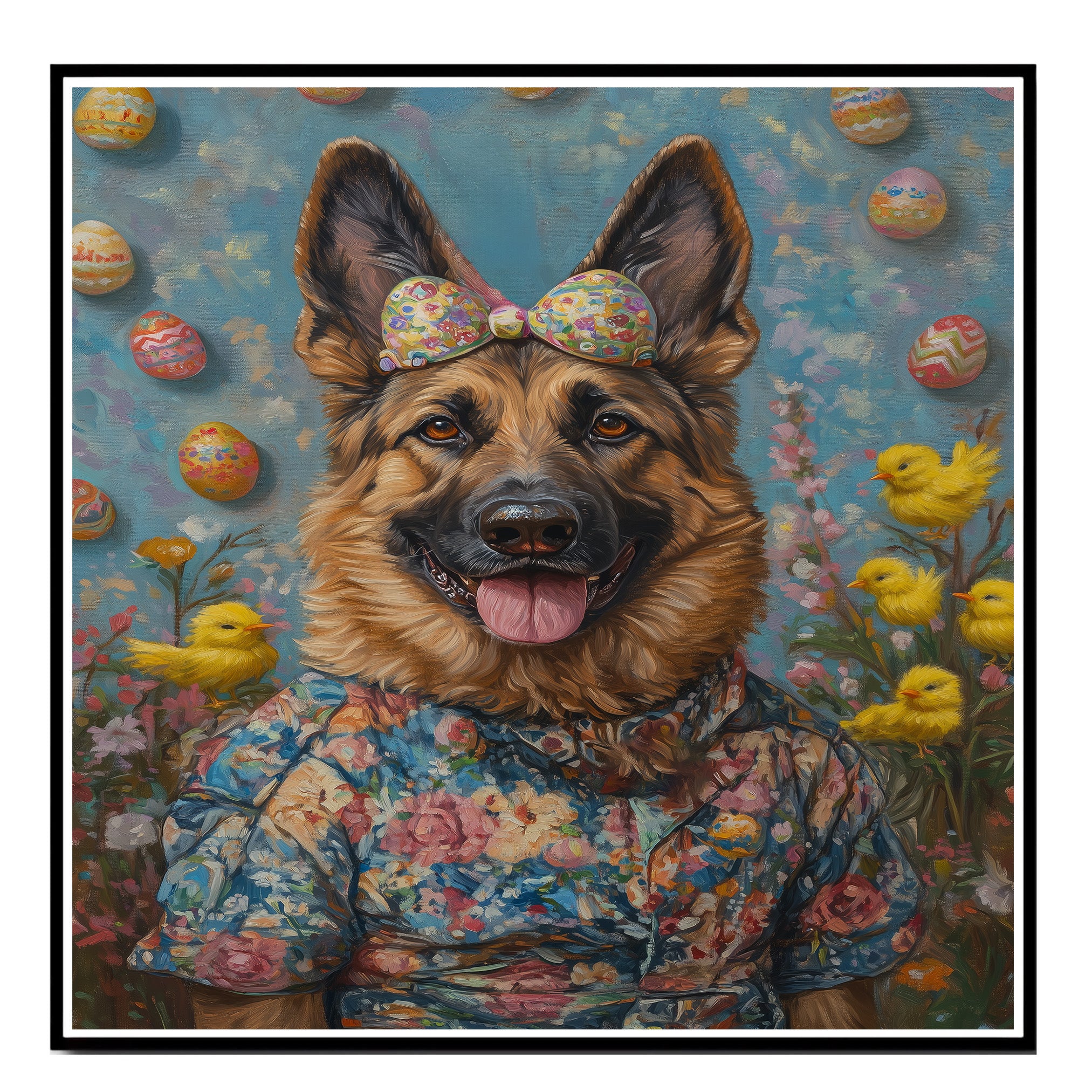 German Shepherd in Easter Outfit, Cute Pet Portrait for Spring Home Decor, Holiday Gifts for Dog Lovers, Dog Wall Art on Canvas Wrap, Framed Print, or Rolled Artwork
