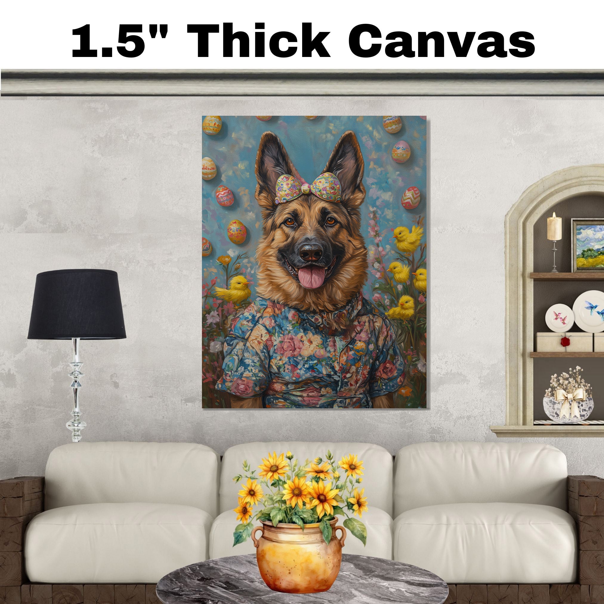 German Shepherd in Easter Outfit, Cute Pet Portrait for Spring Home Decor, Holiday Gifts for Dog Lovers, Dog Wall Art on Canvas Wrap, Framed Print, or Rolled Artwork