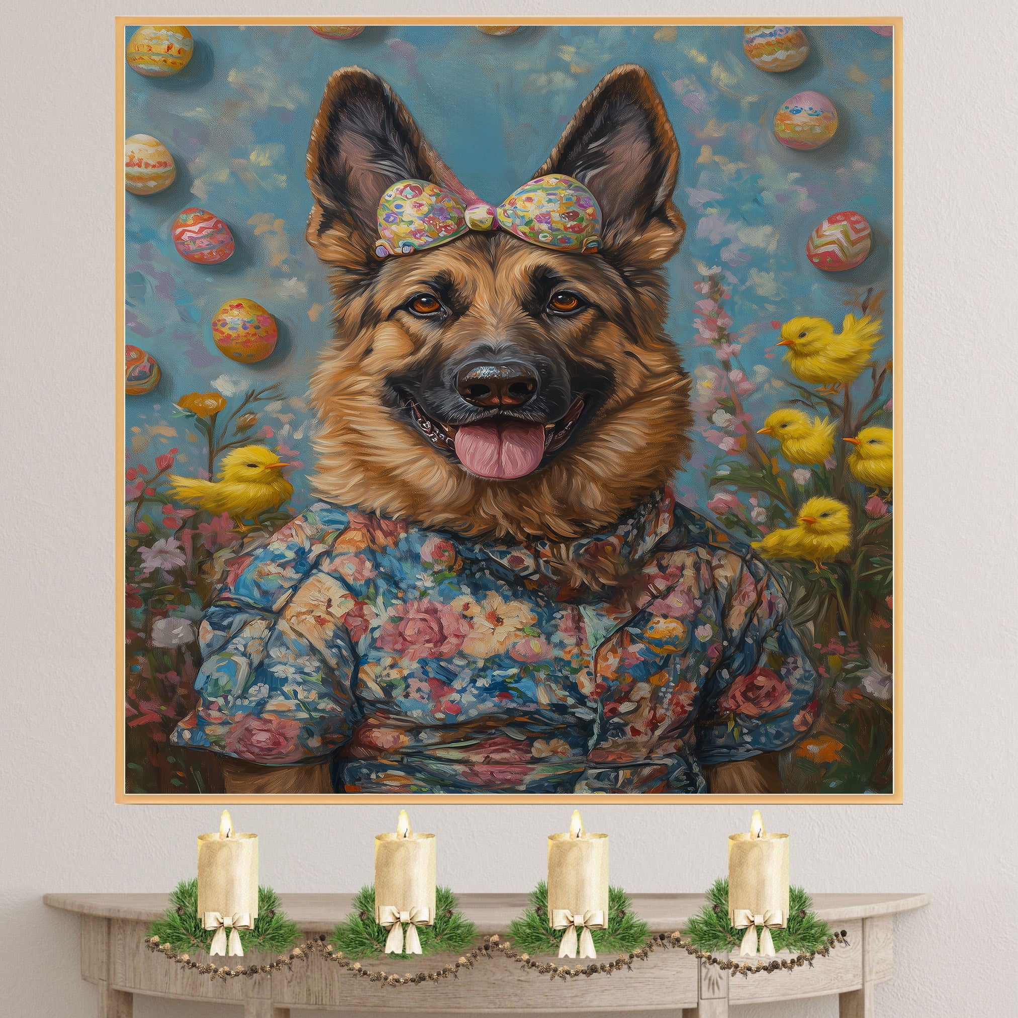 German Shepherd in Easter Outfit, Cute Pet Portrait for Spring Home Decor, Holiday Gifts for Dog Lovers, Dog Wall Art on Canvas Wrap, Framed Print, or Rolled Artwork