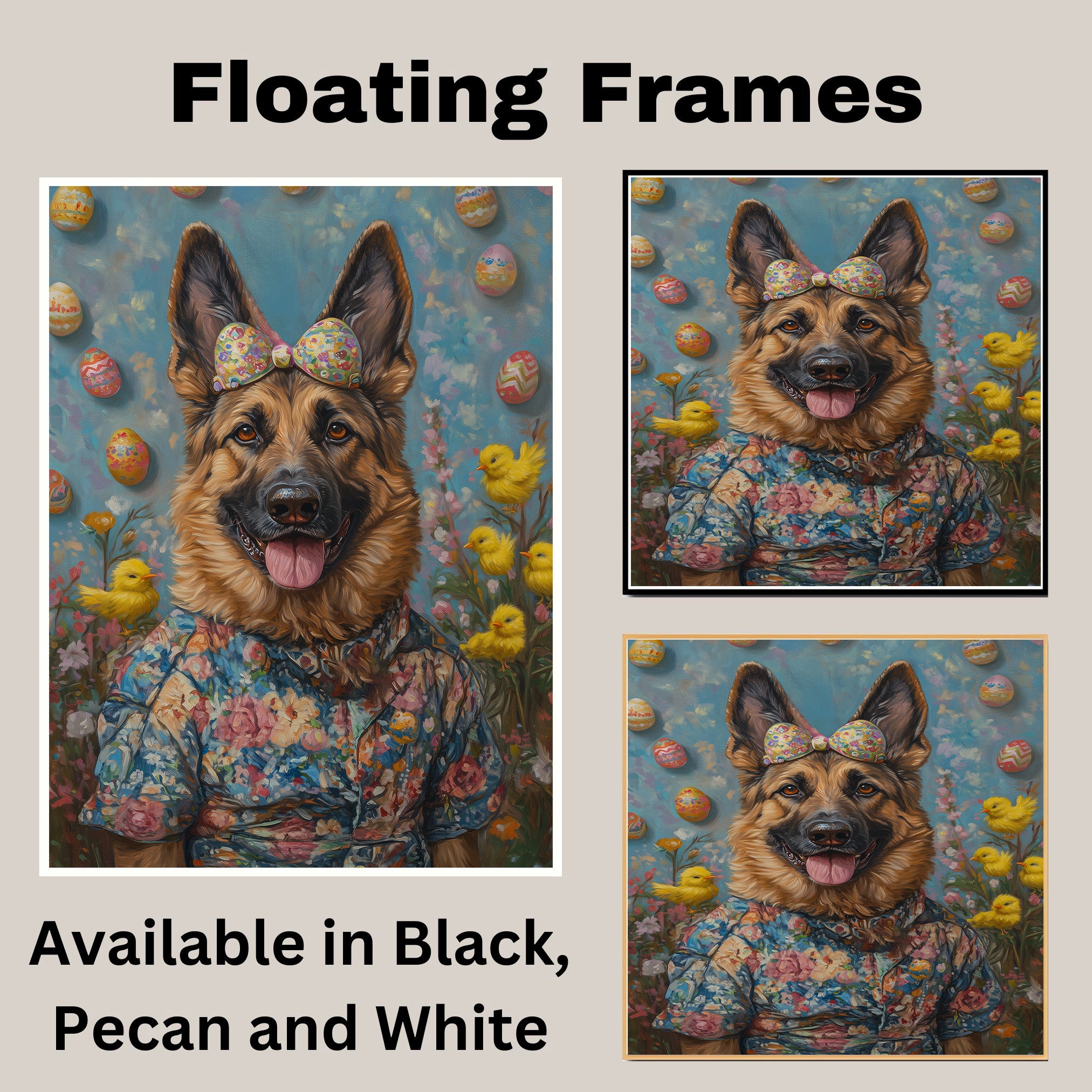 German Shepherd in Easter Outfit, Cute Pet Portrait for Spring Home Decor, Holiday Gifts for Dog Lovers, Dog Wall Art on Canvas Wrap, Framed Print, or Rolled Artwork